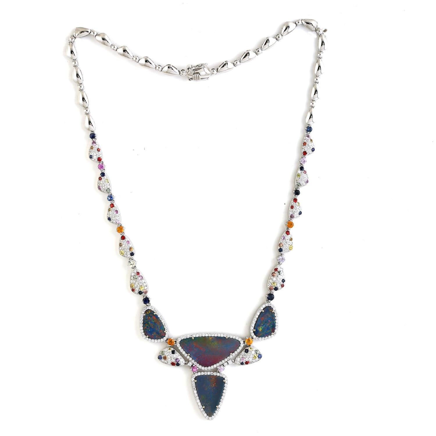 Mixed Cut 10.90 Ethiopian Opal Necklace With Multi Sapphire & Diamonds In 18k White Gold For Sale