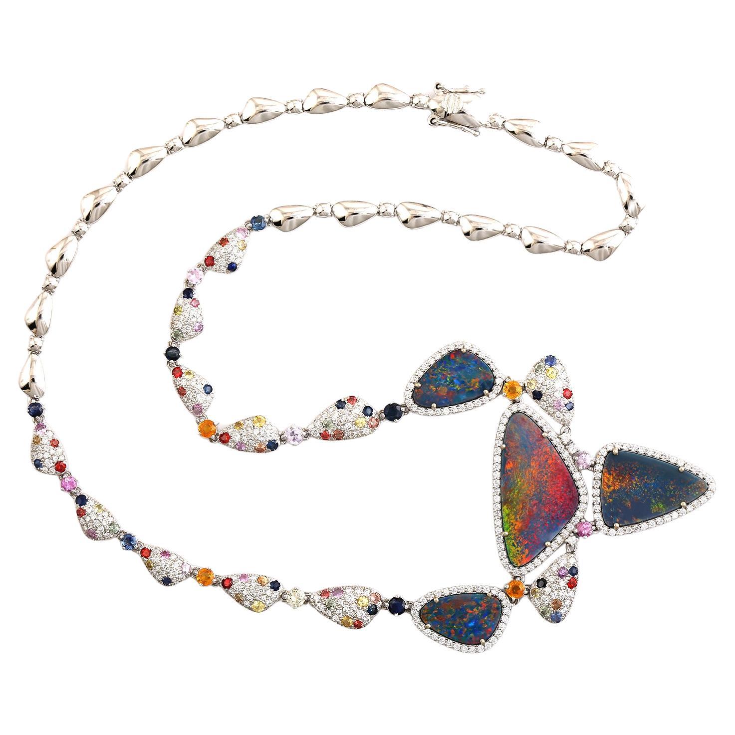 10.90 Ethiopian Opal Necklace With Multi Sapphire & Diamonds In 18k White Gold For Sale