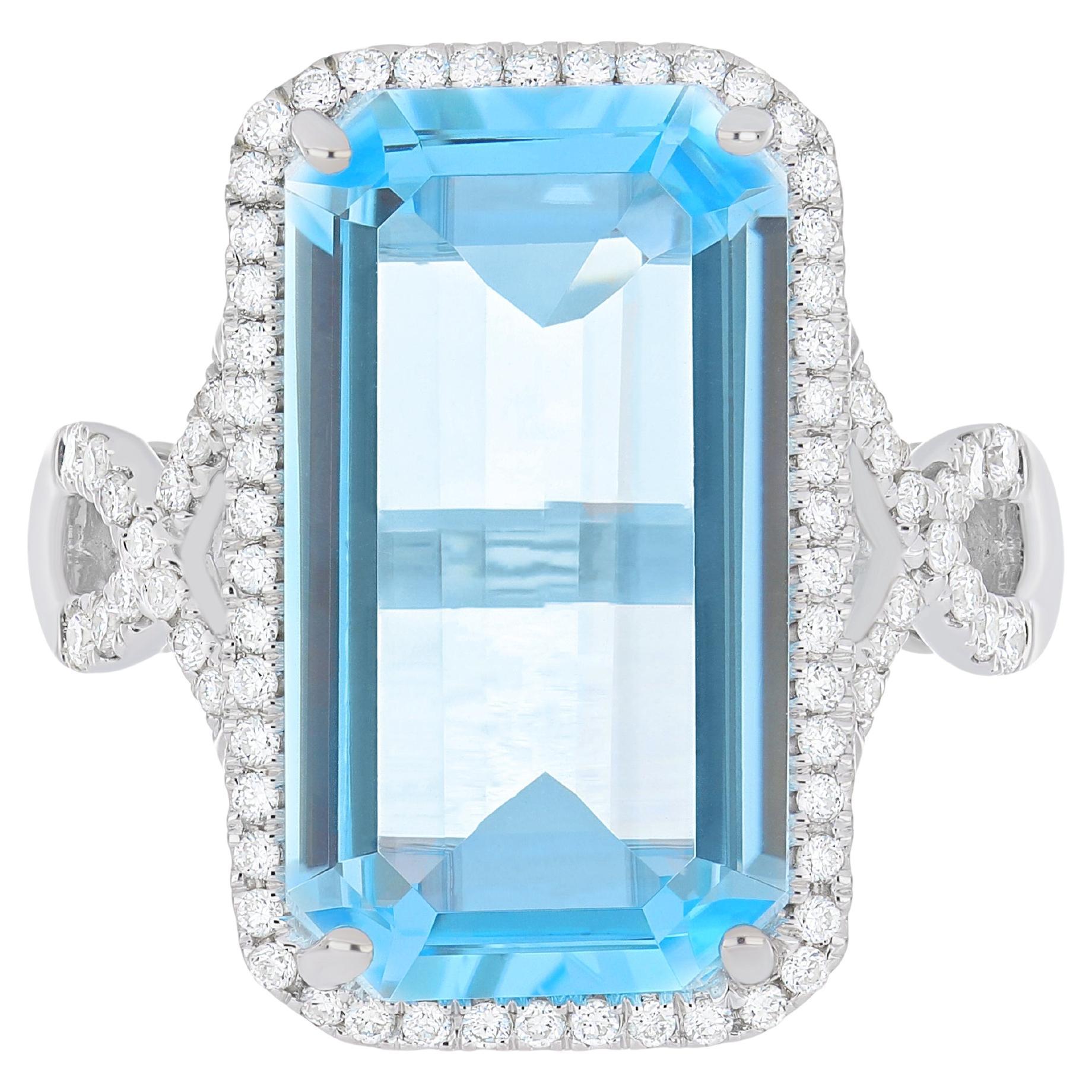 10.90CT's Sky Blue Topaz and Diamond in 14k White Gold Hand-Craft Ring