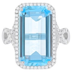 10.90CT's Sky Blue Topaz and Diamond in 14k White Gold Hand-Craft Ring