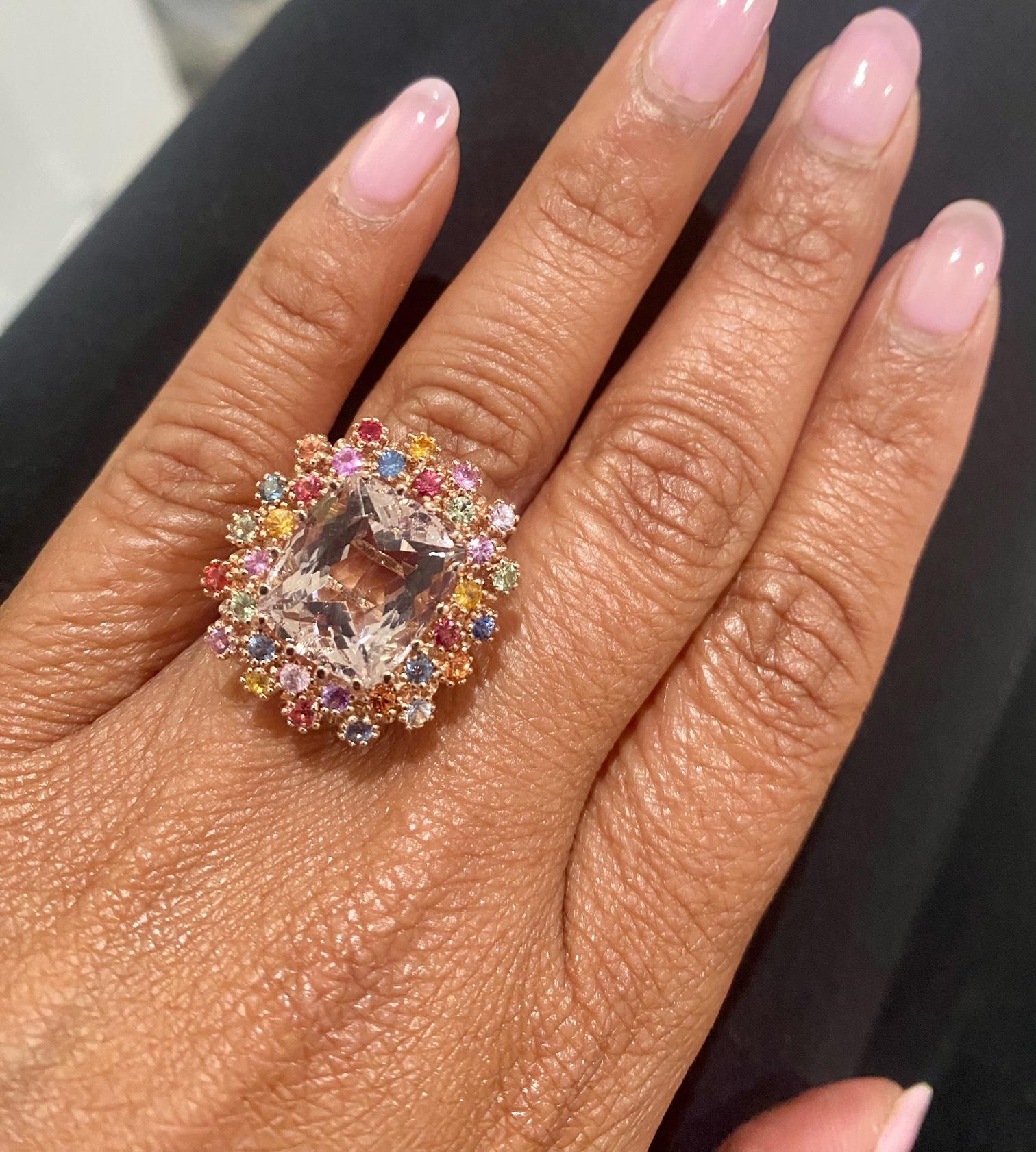 Contemporary 10.91 Carat Natural Morganite Multi Color Sapphire Rose Gold Cocktail Ring For Sale