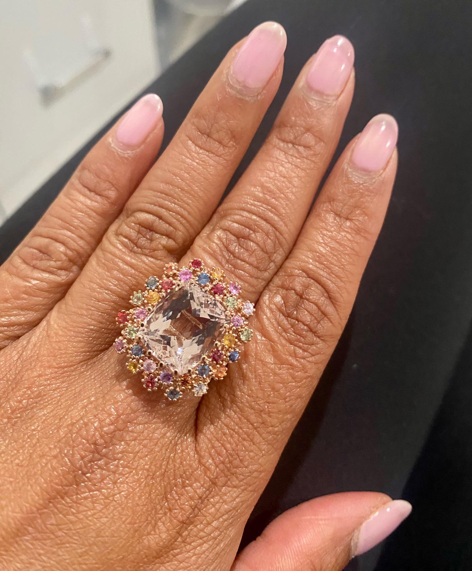 Cushion Cut 10.91 Carat Natural Morganite Multi Color Sapphire Rose Gold Cocktail Ring For Sale