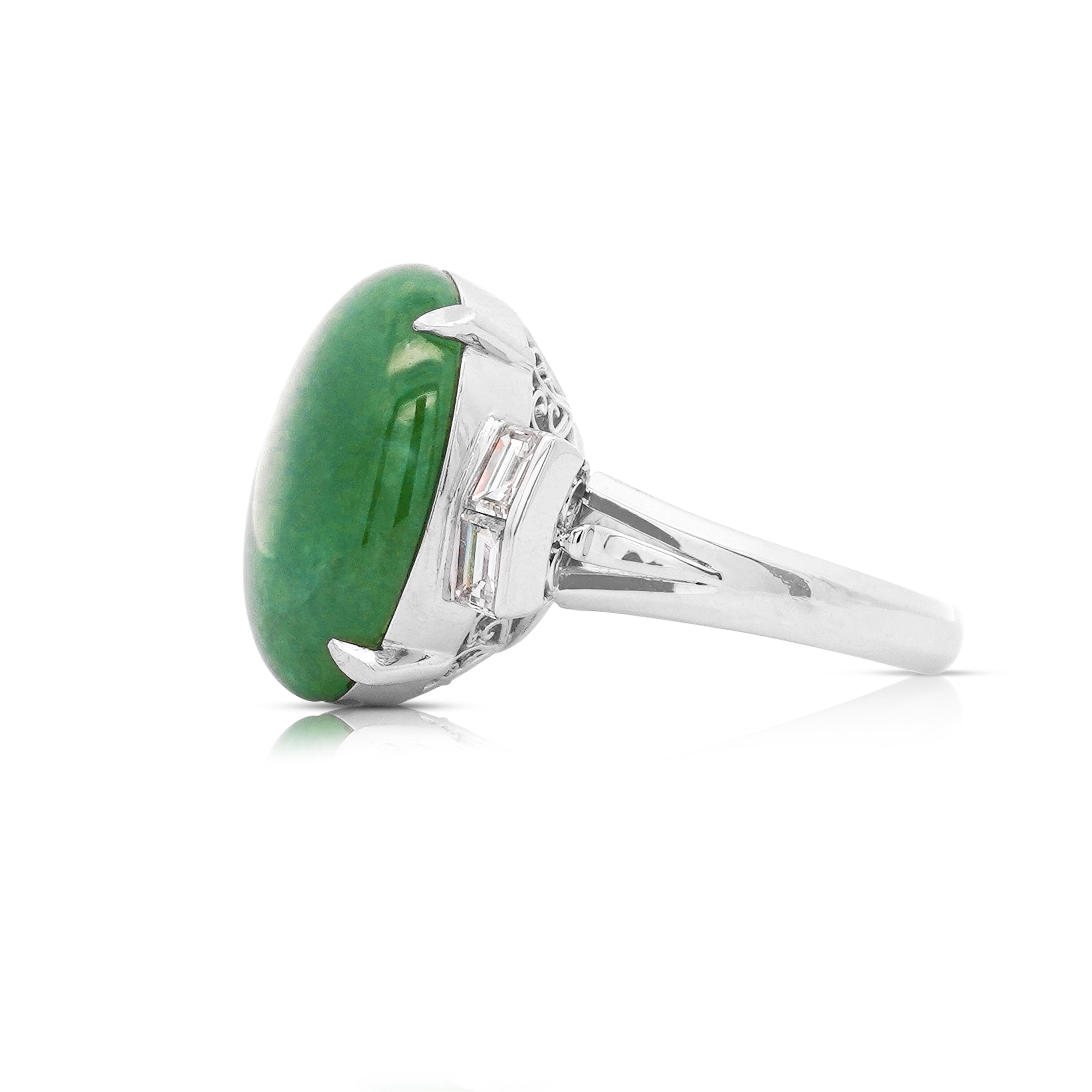 Art Deco 10.91 Carat Oval Jadeite Jade & Baguette Diamond Platinum Filigree Ring For Sale