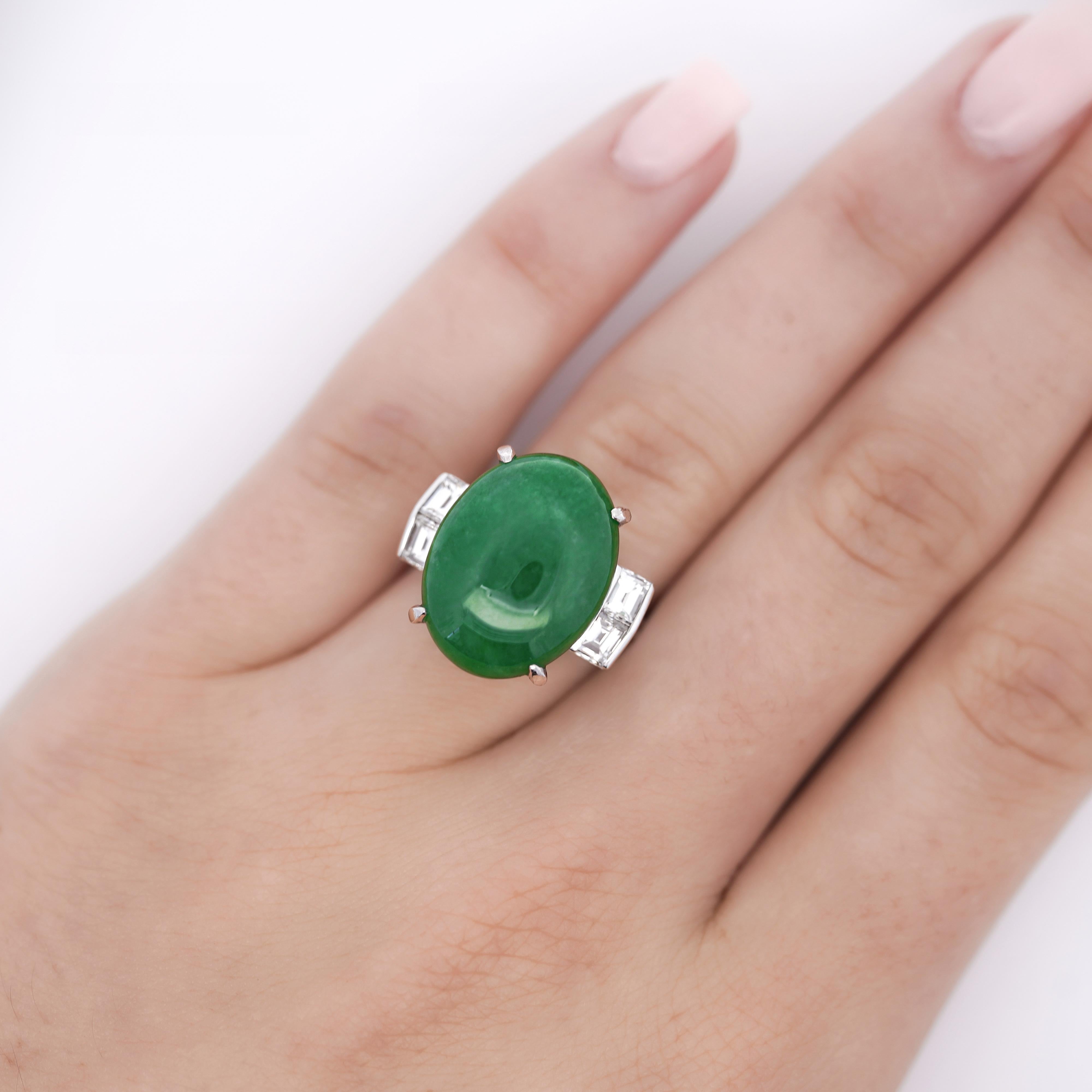 Oval Cut 10.91 Carat Oval Jadeite Jade & Baguette Diamond Platinum Filigree Ring For Sale