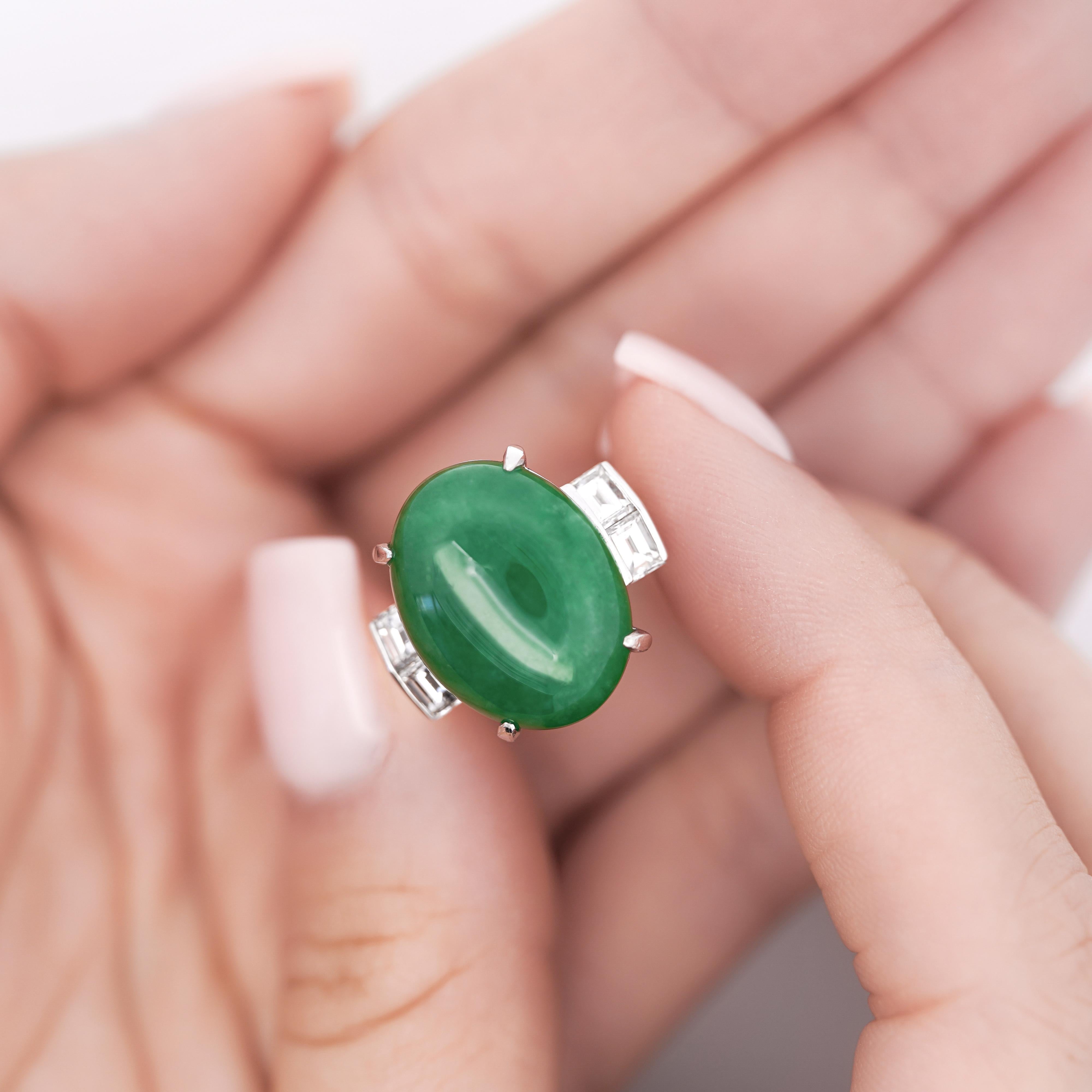 10.91 Carat Oval Jadeite Jade & Baguette Diamond Platinum Filigree Ring In Excellent Condition For Sale In Miami, FL