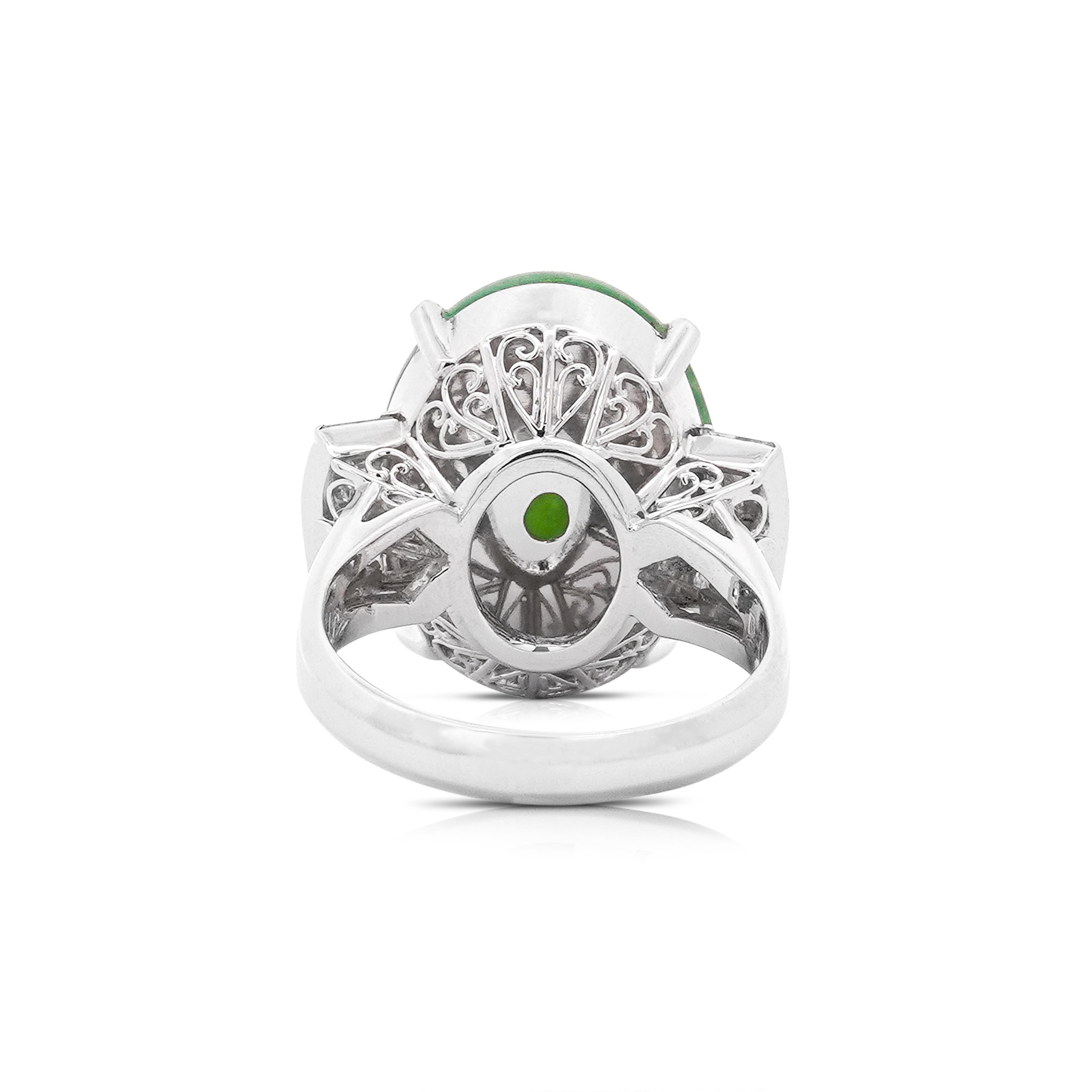 10.91 Carat Oval Jadeite Jade & Baguette Diamond Platinum Filigree Ring For Sale 1