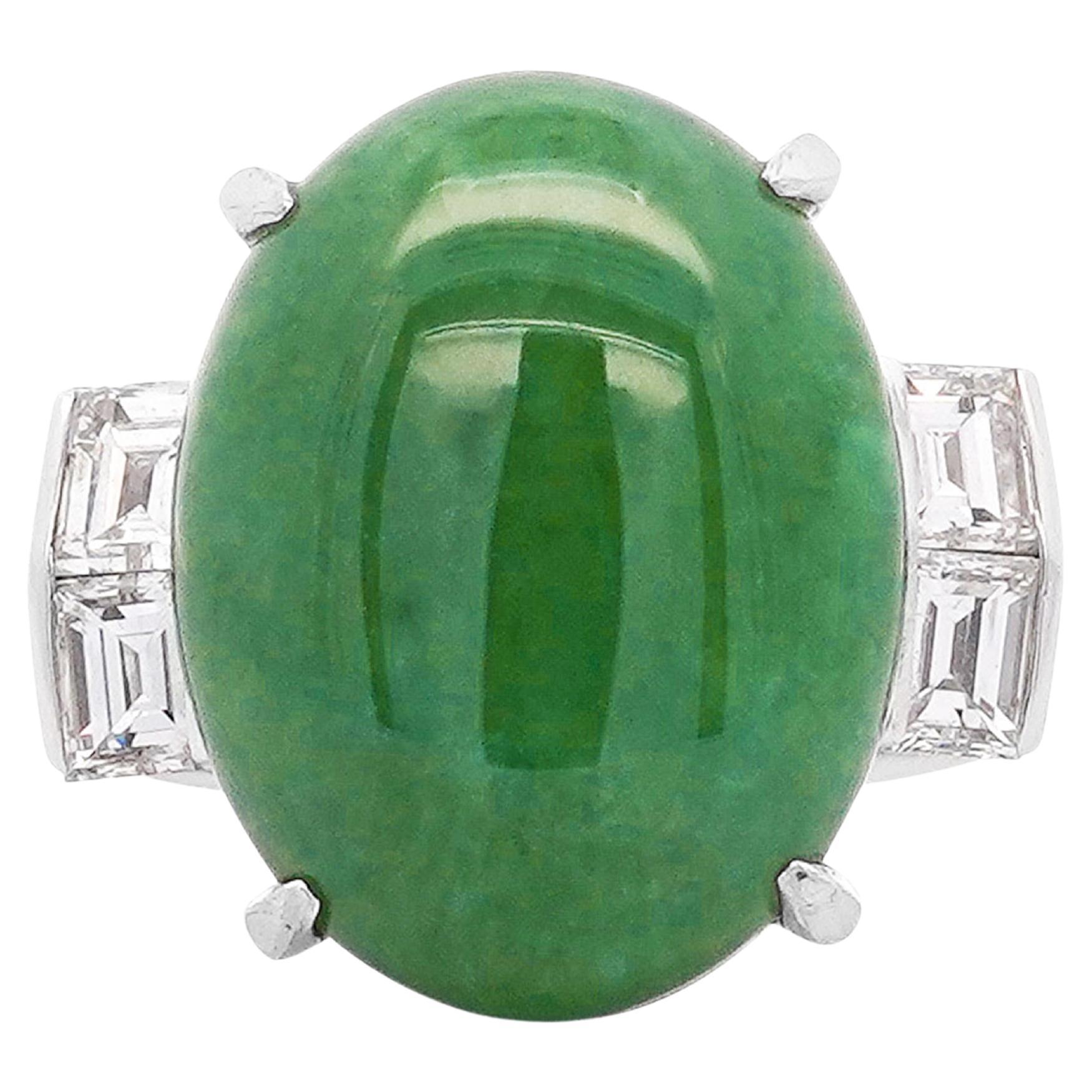 10.91 Carat Oval Jadeite Jade & Baguette Diamond Platinum Filigree Ring For Sale