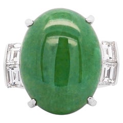 10.91 Carat Oval Jadeite Jade & Baguette Diamond Platinum Filigree Ring