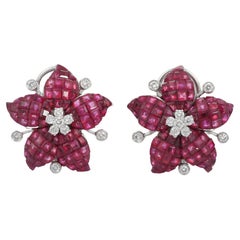 10.91 Carat Square Cut Ruby and Diamond Flower Stud Earrings in 18K White Gold