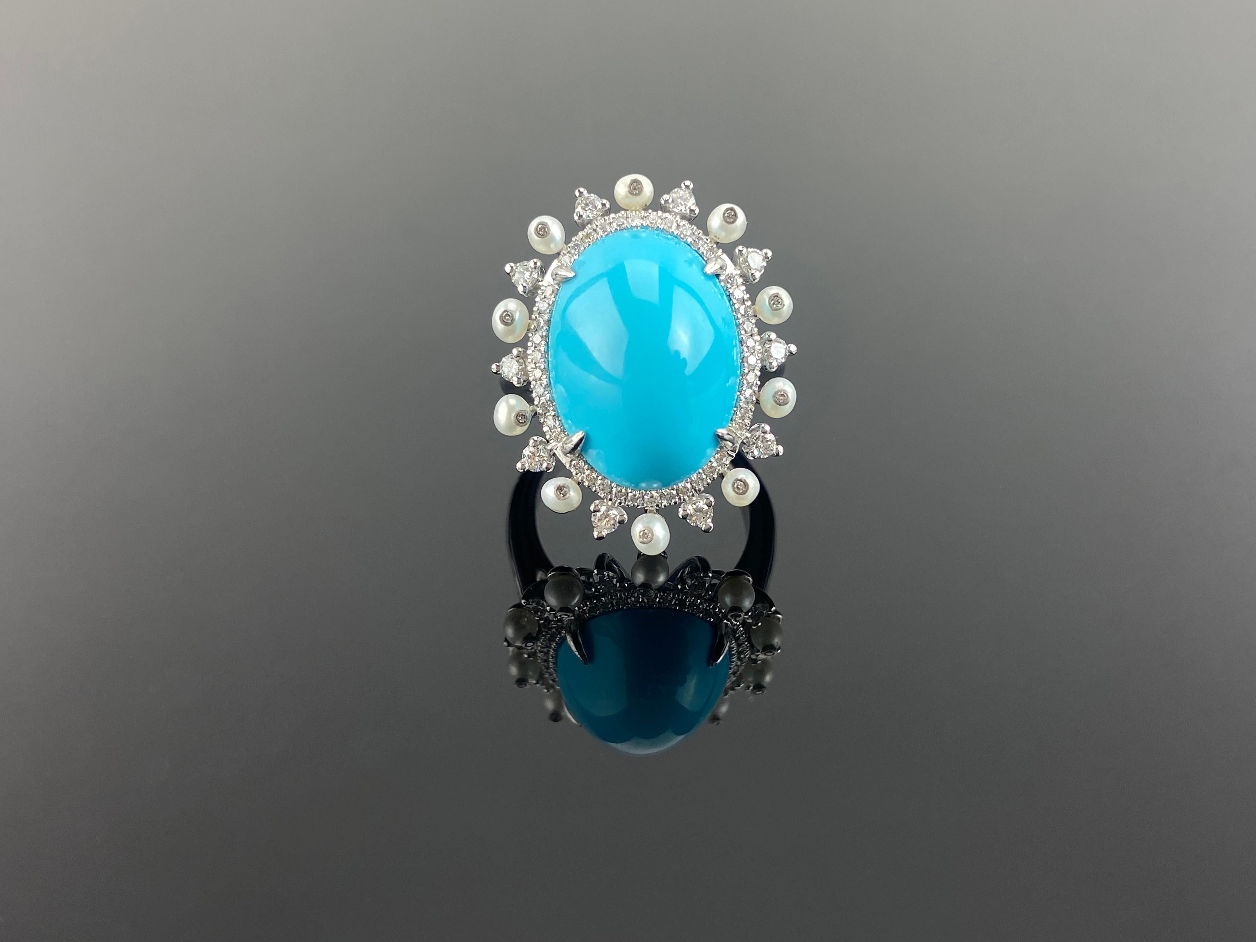 Art Deco 10.92 Carat Cabochon Turquoise and Pearl and Diamond Cocktail Ring For Sale