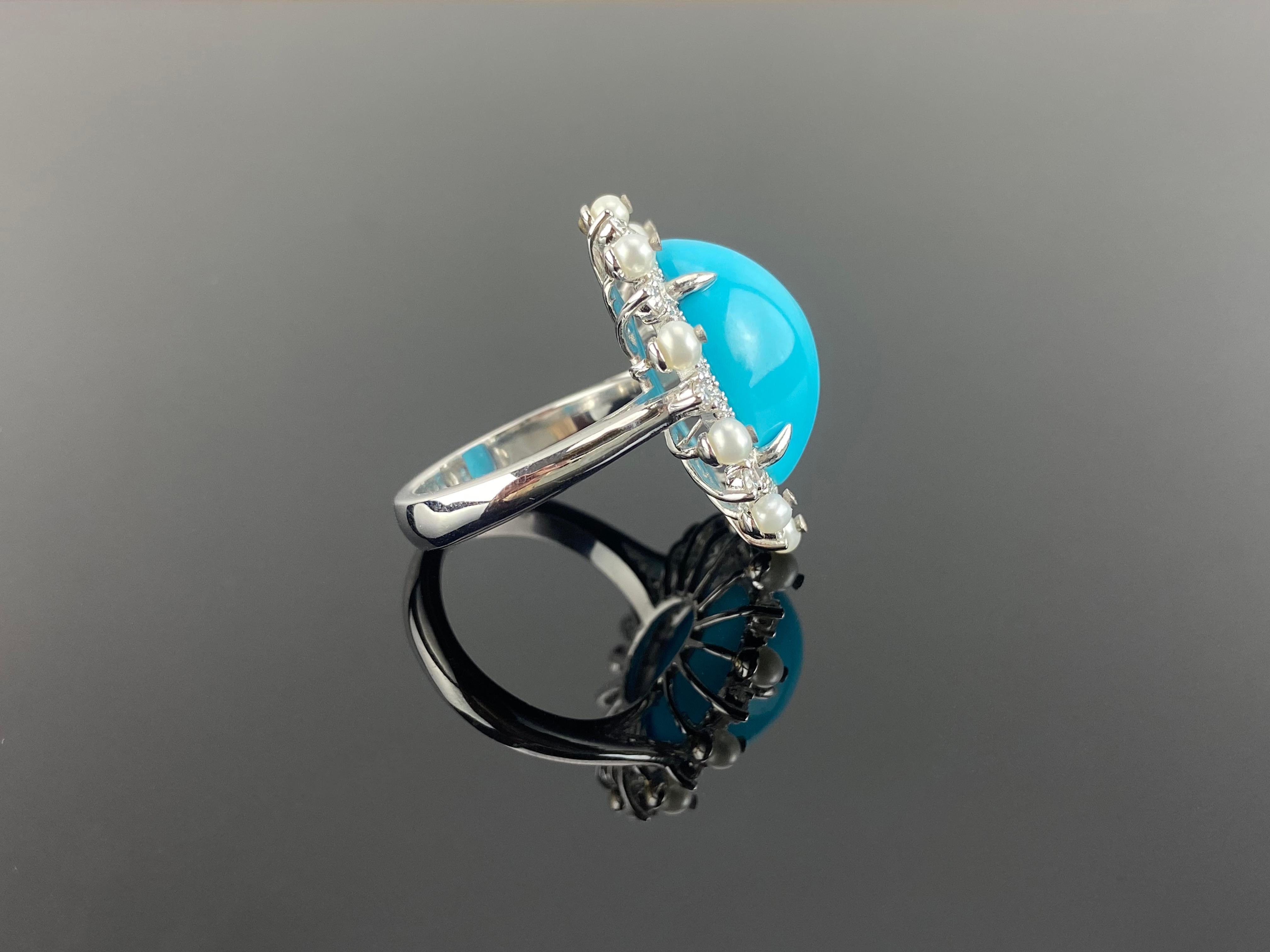 10.92 Carat Cabochon Turquoise and Pearl and Diamond Cocktail Ring In New Condition For Sale In Bangkok, Thailand
