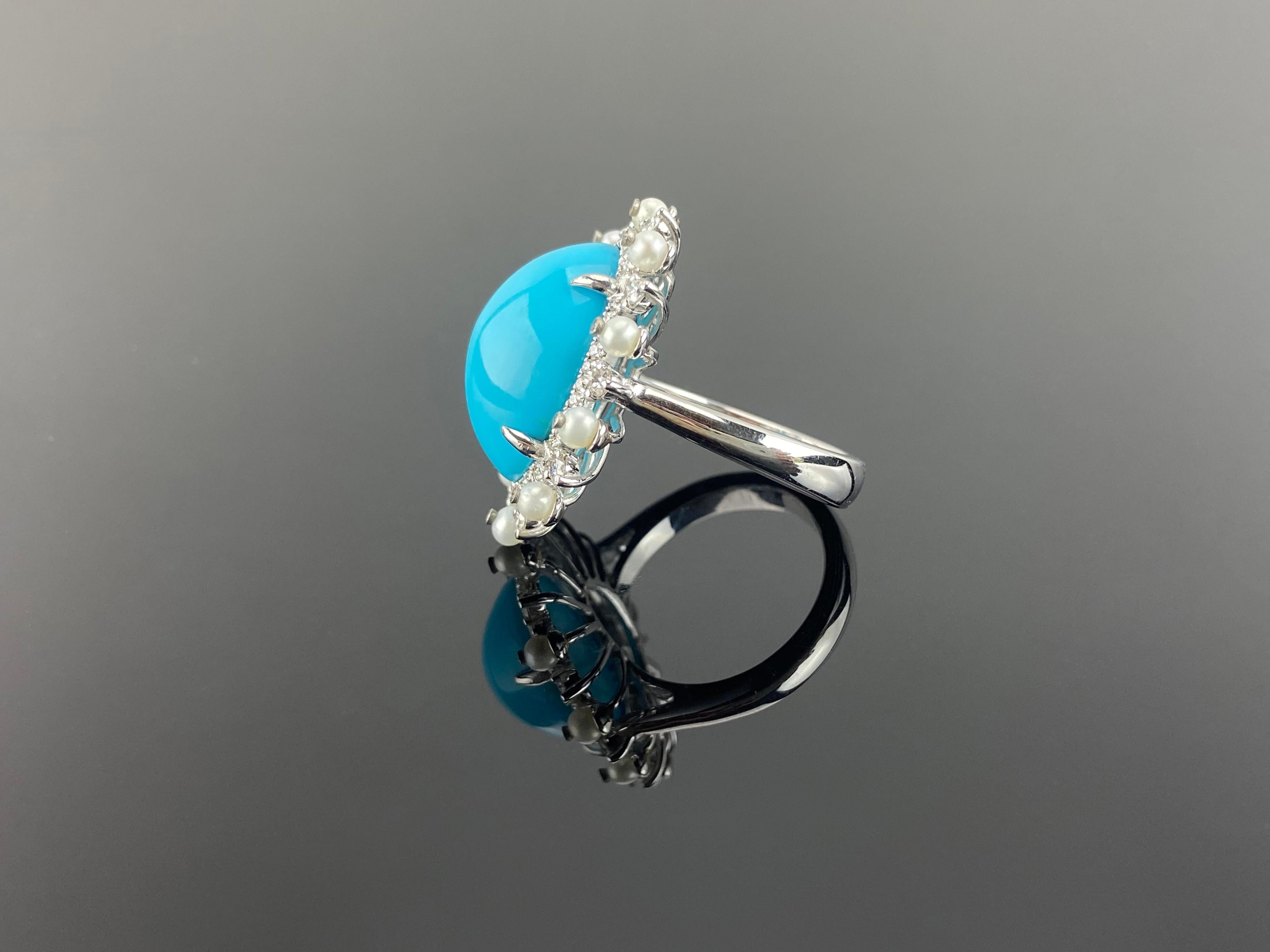 Women's or Men's 10.92 Carat Cabochon Turquoise and Pearl and Diamond Cocktail Ring For Sale