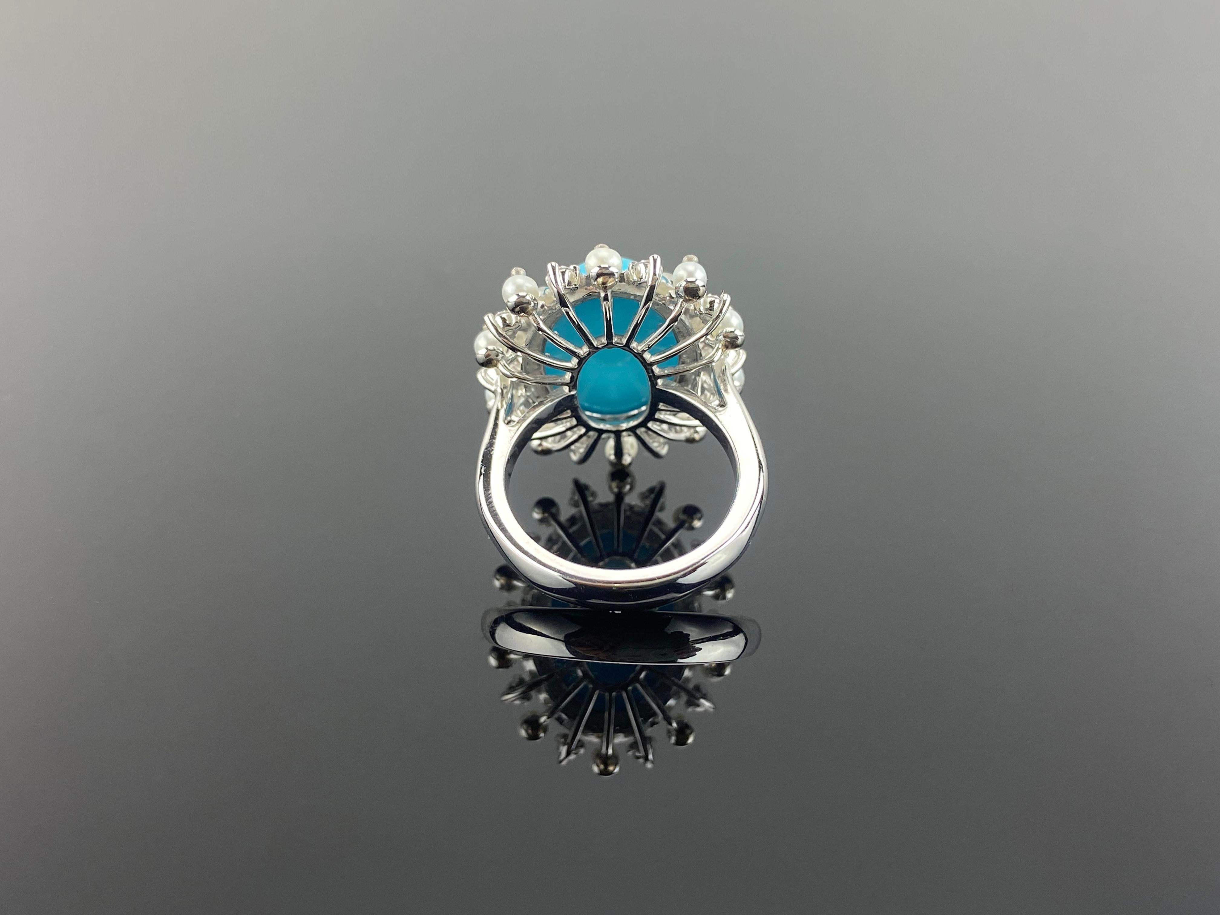 10.92 Carat Cabochon Turquoise and Pearl and Diamond Cocktail Ring For Sale 1