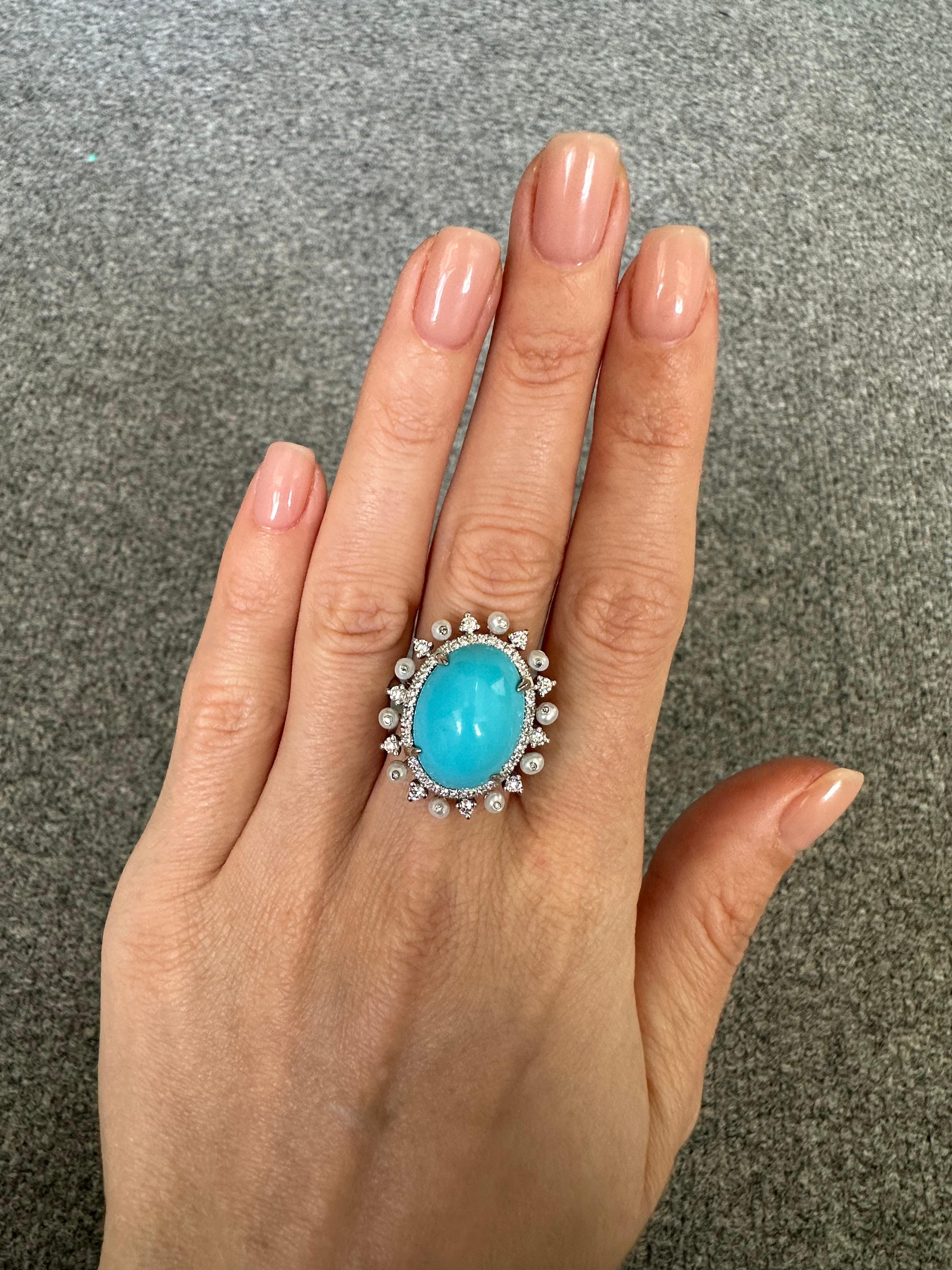 10.92 Carat Cabochon Turquoise and Pearl and Diamond Cocktail Ring For Sale 2