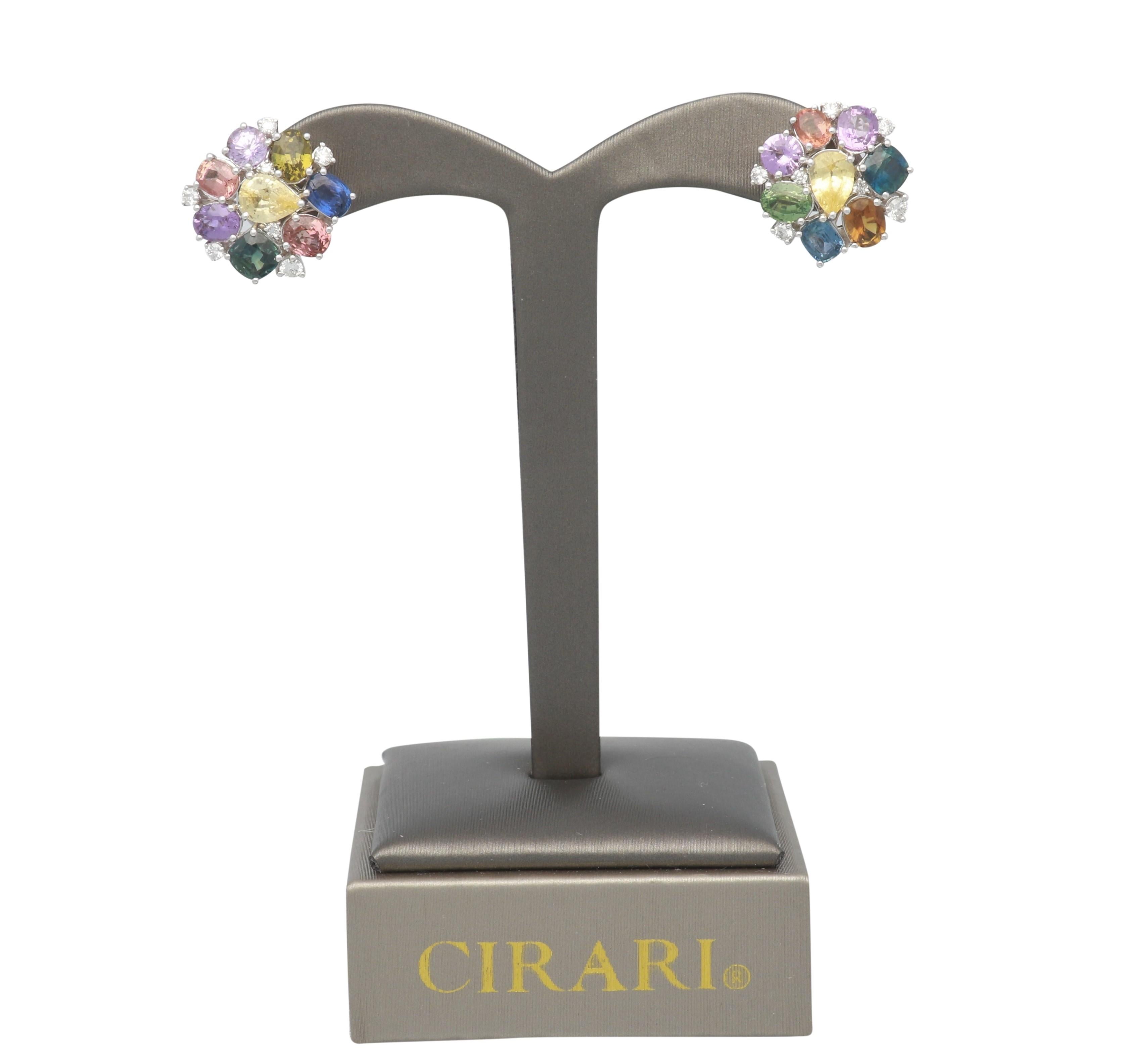 This beautiful Earring is crafted in 18-karat White Gold and features 16 IGL Certified Multi Color Sapphires with 10.92 Carat and 14 round Brilliant cut Diamonds 0.45 carat. This earring is secured with Post back, and is a perfect gift either for