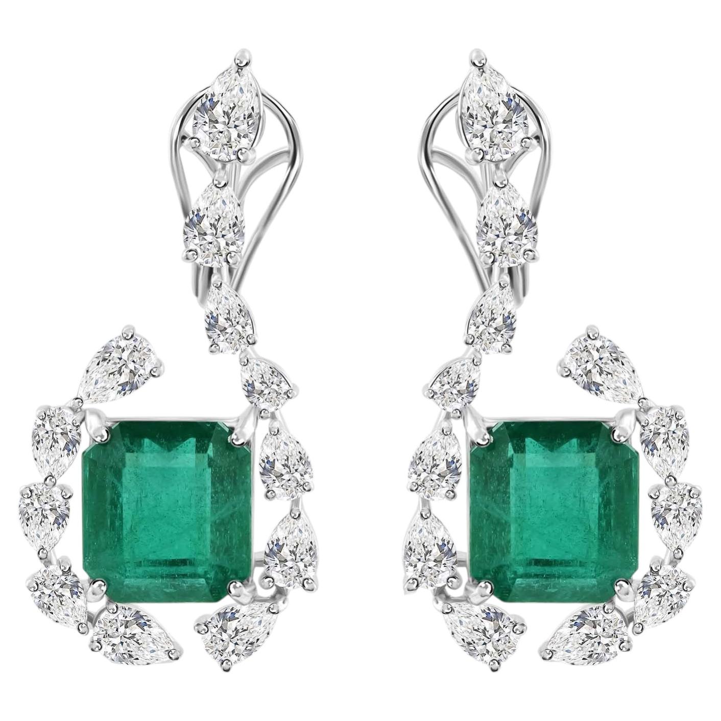 10.92 Carat Zambian Emerald 4.26 Carat SI/H Diamond Earrings 18 Karat White Gold