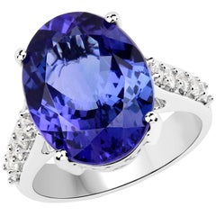 10.94 Carat Genuine Tanzanite and Diamond 18 Karat White Gold Cocktail Ring