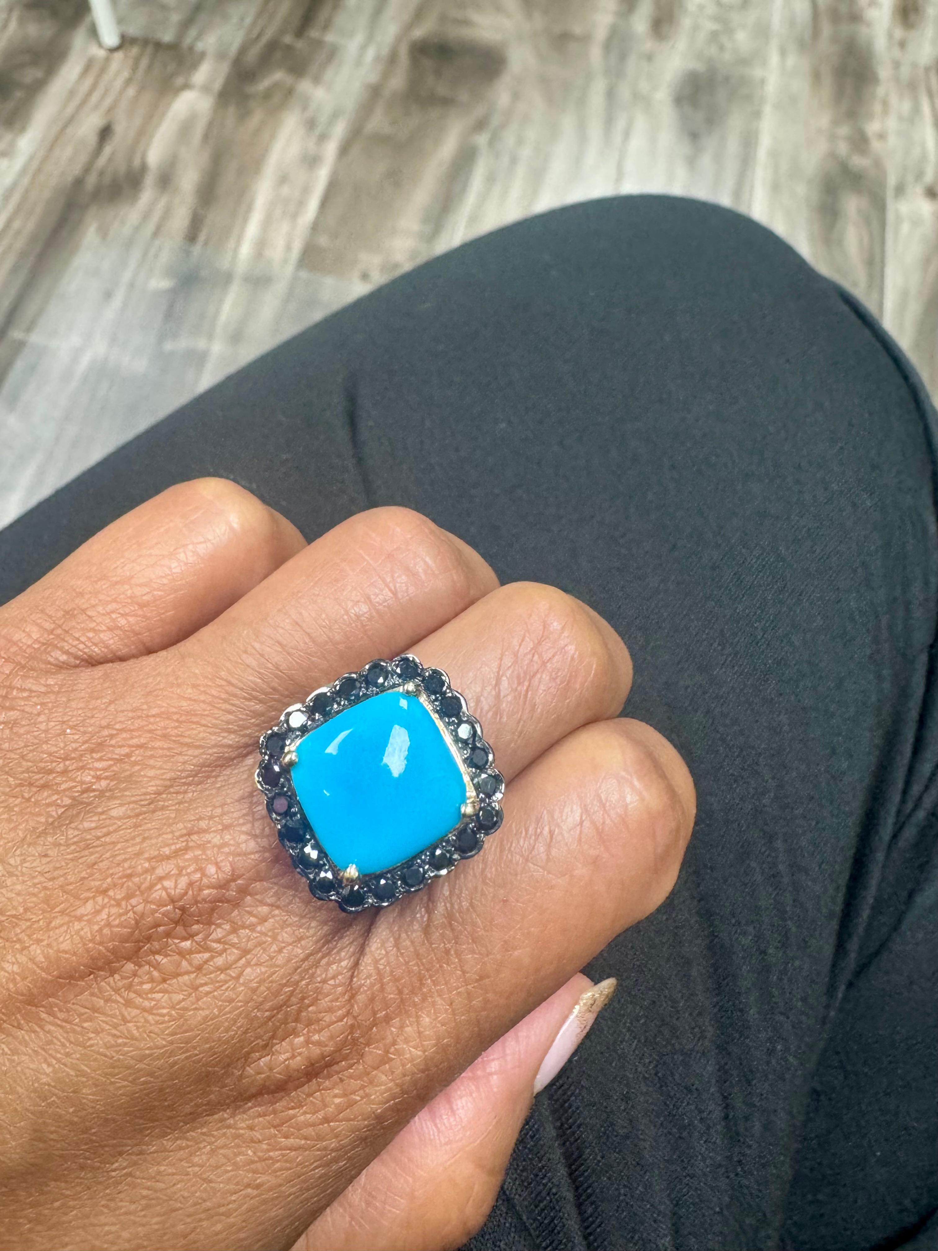 Bague cocktail en or jaune 14 carats avec diamant noir et turquoise de 10,94 carats en vente 4