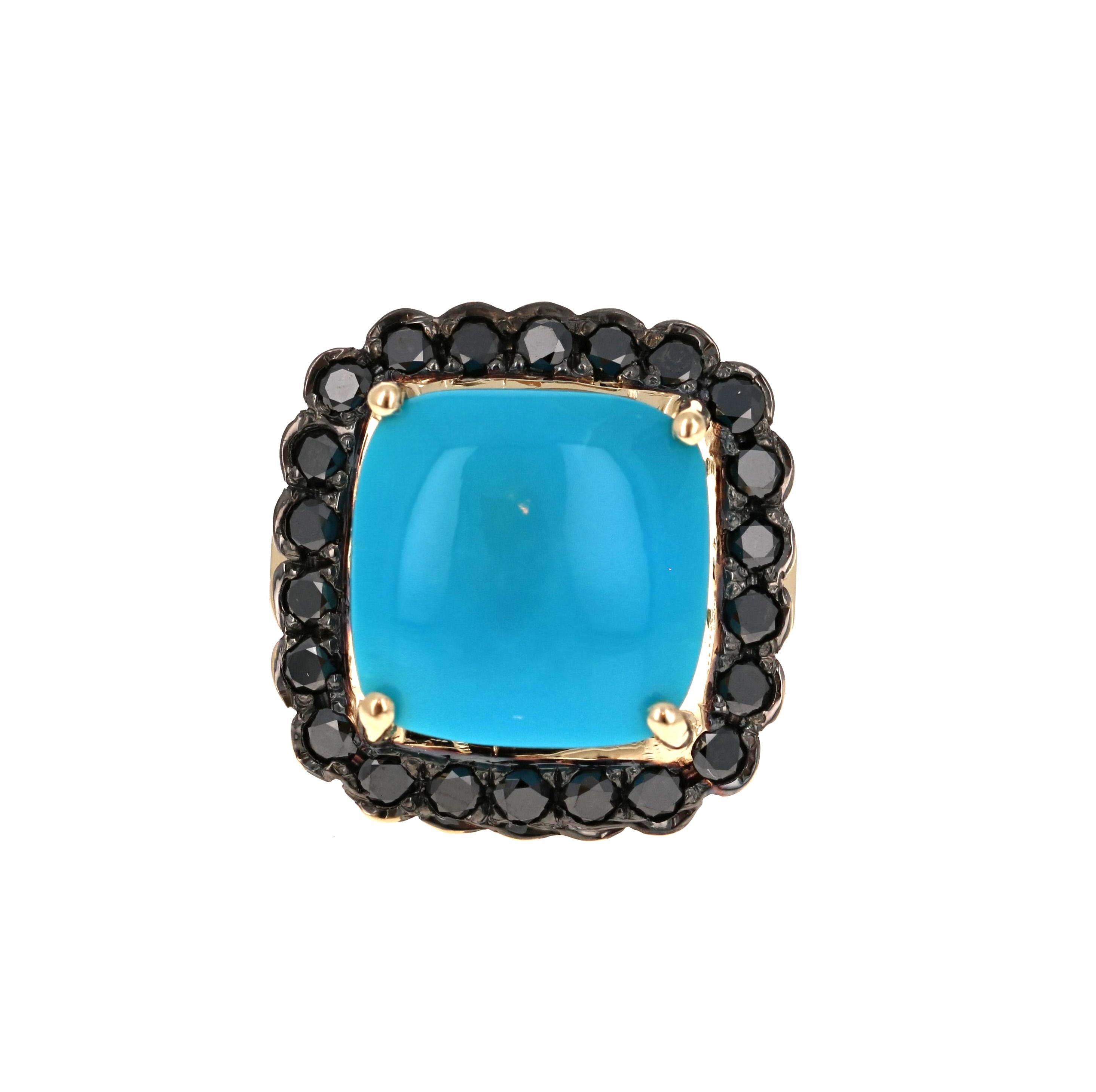 A unique stunner! 

This ring has a large 9.45 Carat Cushion Cut Turquoise and is surrounded by 22 Pave Set Black Round Cut Diamonds that weigh 1.29 Carats. The shank of the ring is accented with 6 White Round Cut Diamonds that weigh 0.20 Carats.
