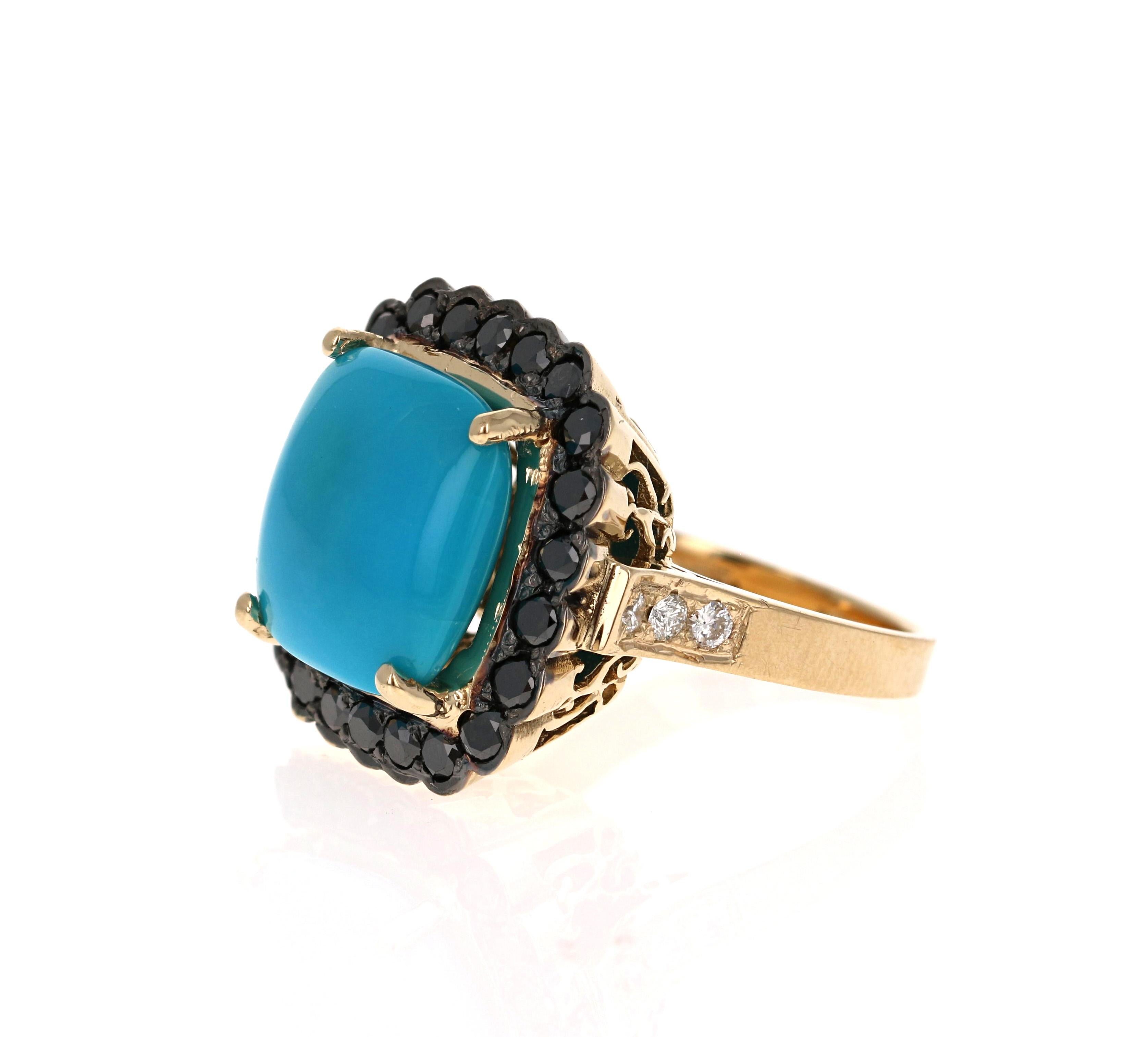 Contemporain Bague cocktail en or jaune 14 carats avec diamant noir et turquoise de 10,94 carats en vente