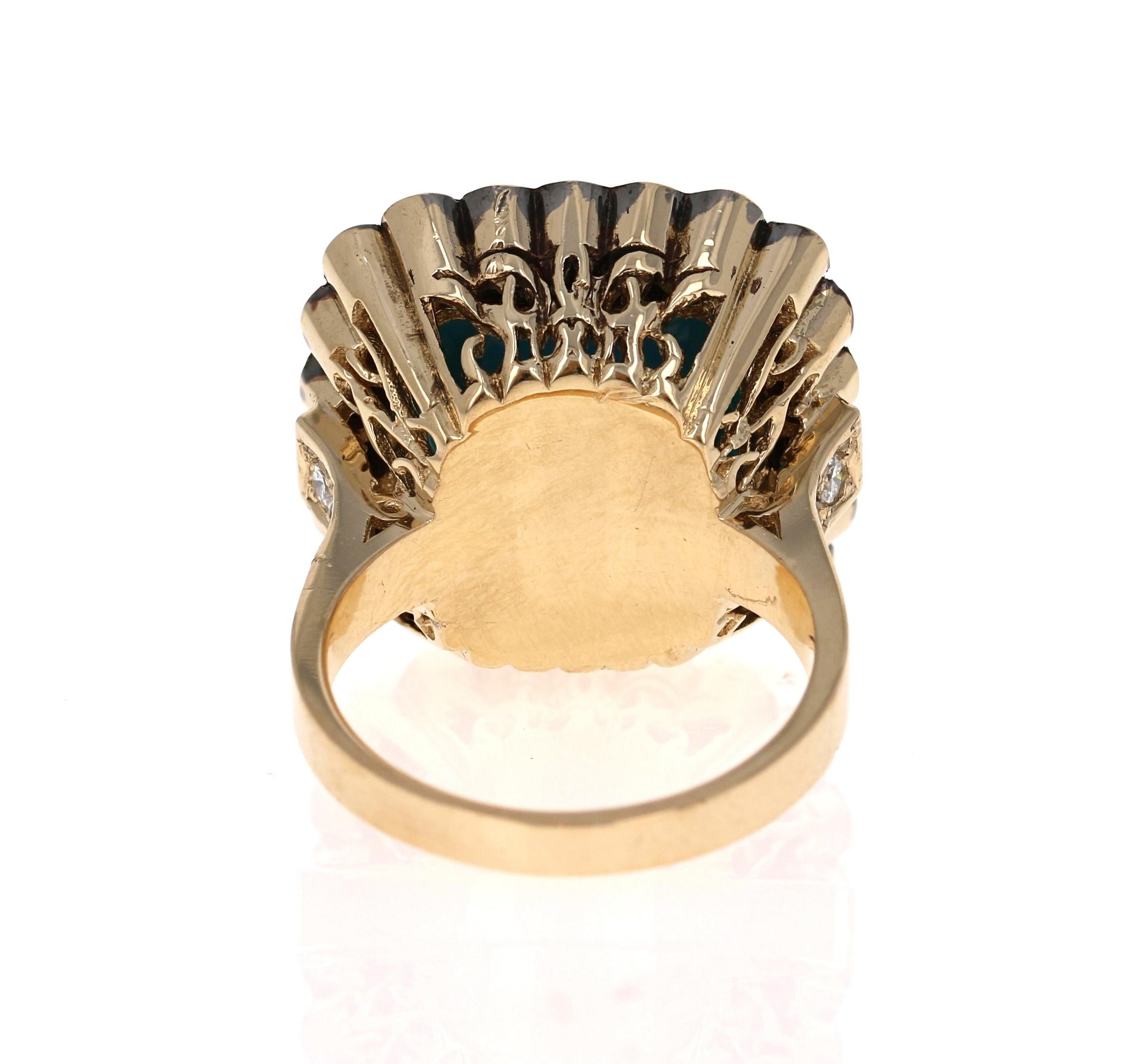 Taille coussin Bague cocktail en or jaune 14 carats avec diamant noir et turquoise de 10,94 carats en vente
