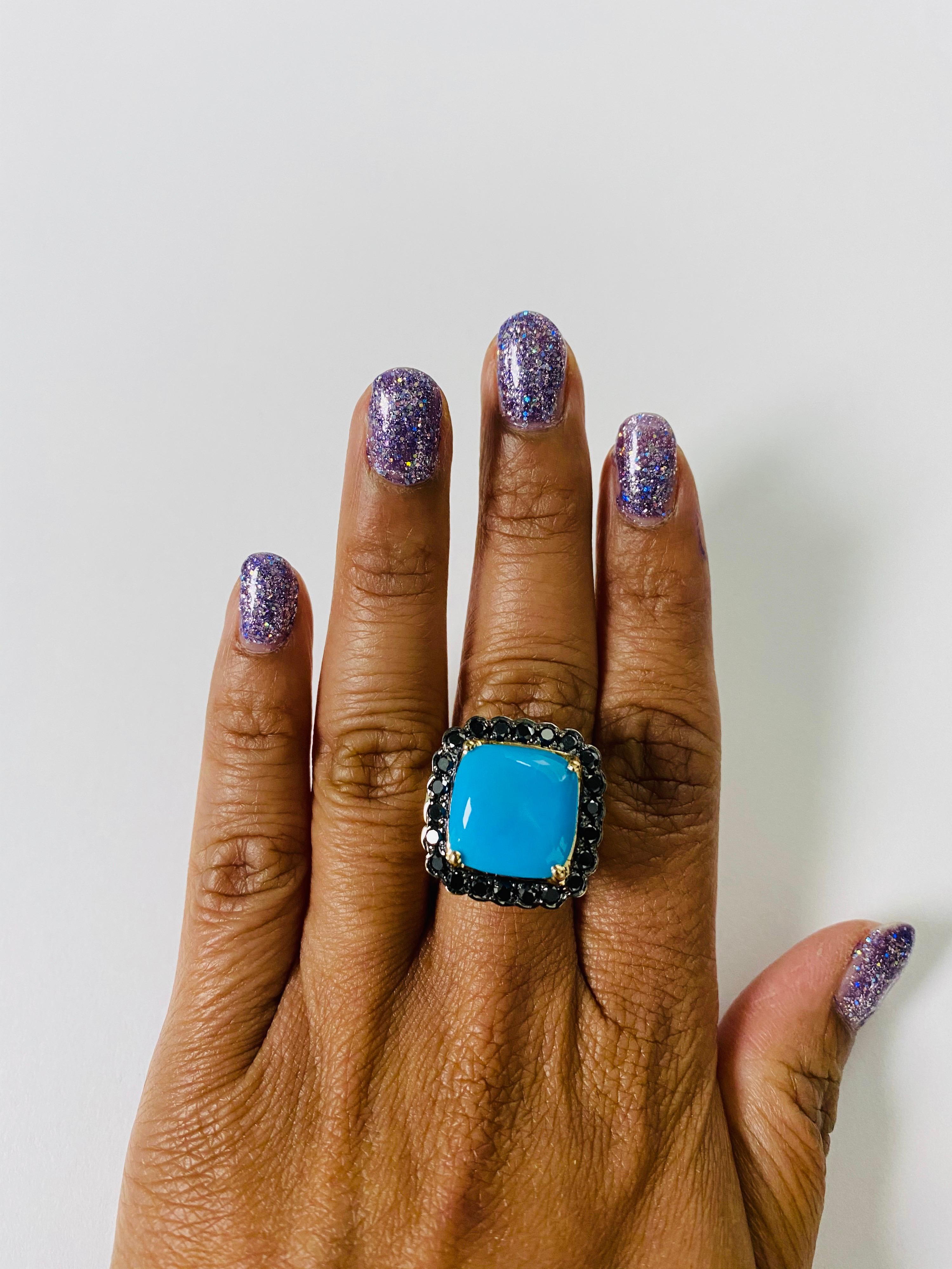 Bague cocktail en or jaune 14 carats avec diamant noir et turquoise de 10,94 carats Pour femmes en vente