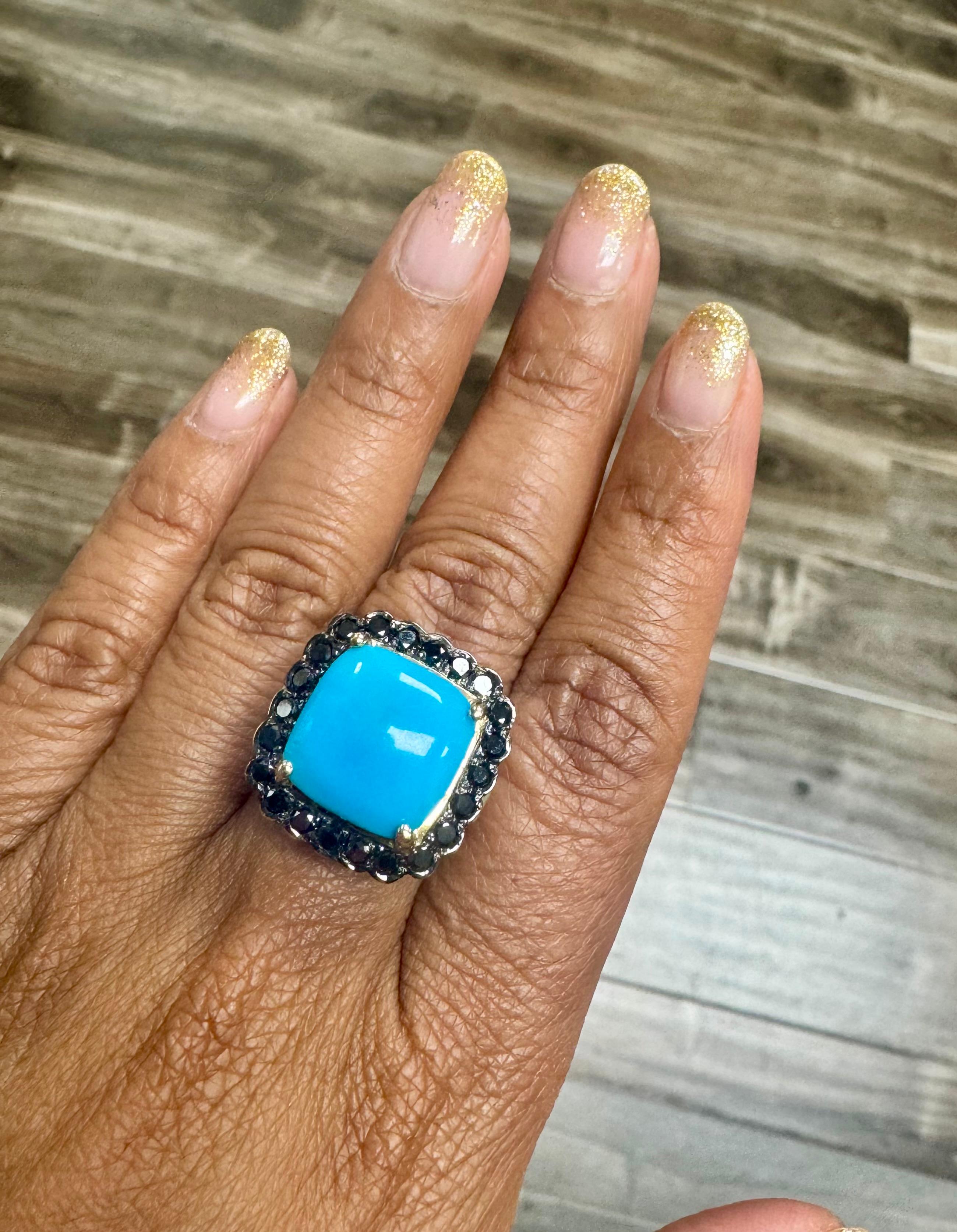 Bague cocktail en or jaune 14 carats avec diamant noir et turquoise de 10,94 carats en vente 1