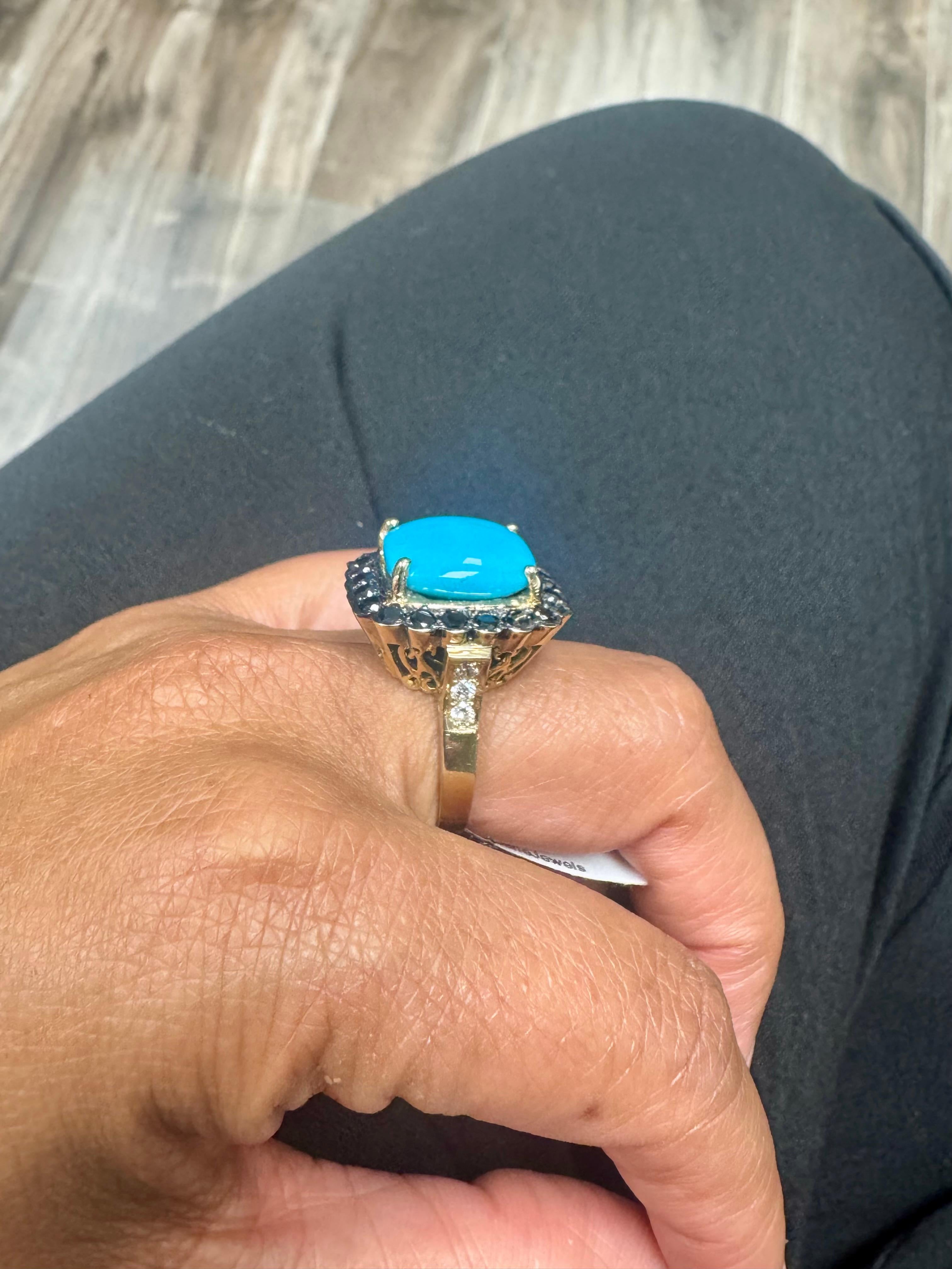 Bague cocktail en or jaune 14 carats avec diamant noir et turquoise de 10,94 carats en vente 2