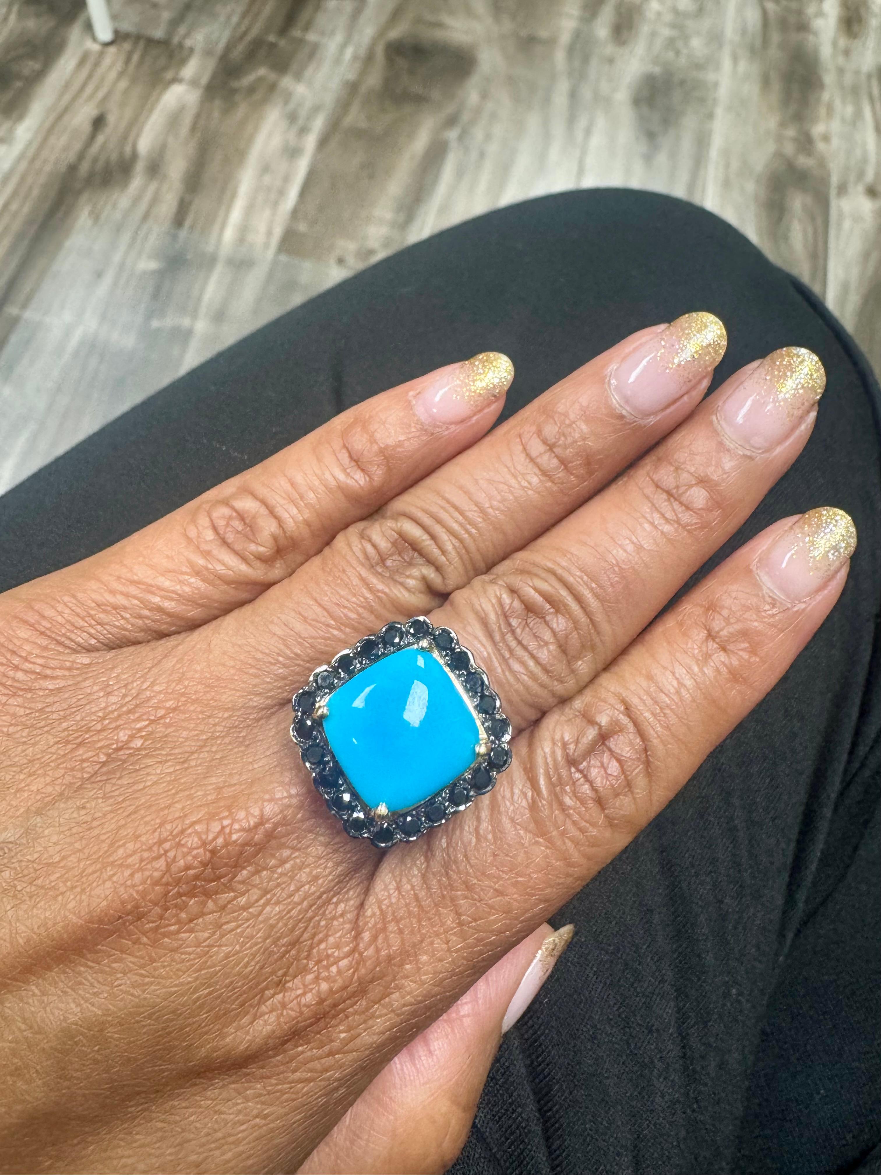 Bague cocktail en or jaune 14 carats avec diamant noir et turquoise de 10,94 carats en vente 3