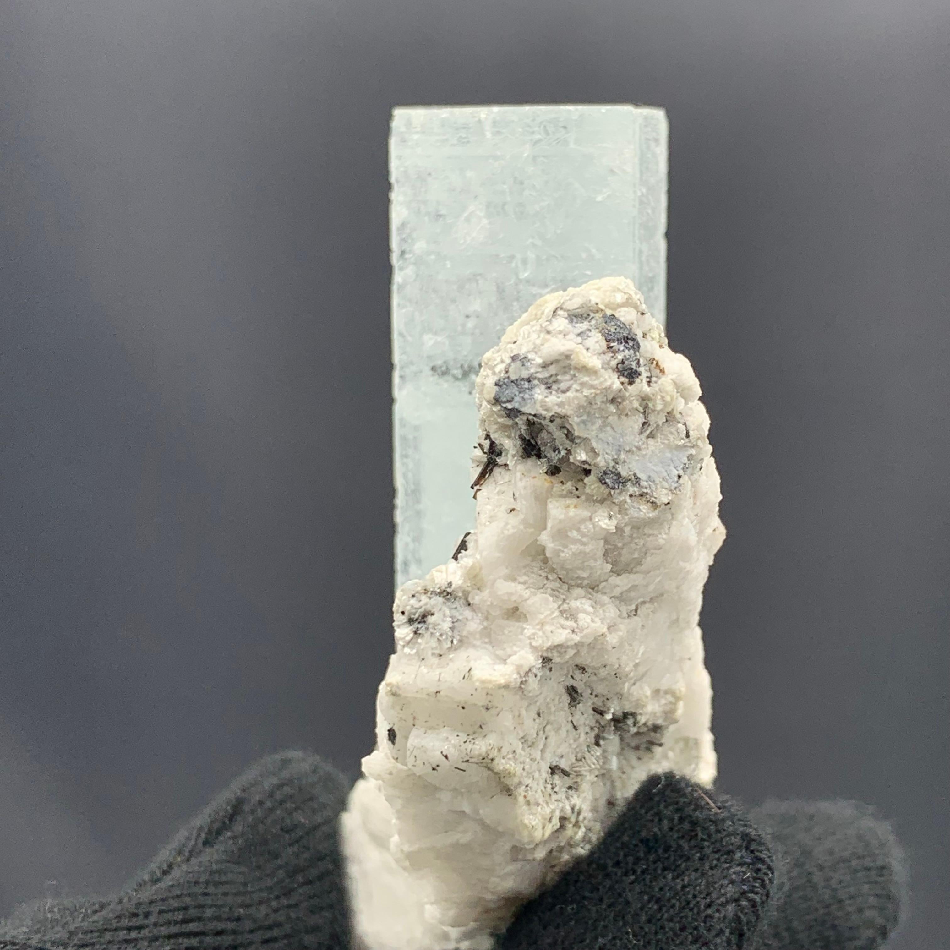 Rock Crystal 109.44 Gram Gorgeous Elongated Aquamarine Specimen With Schorl Spray   For Sale