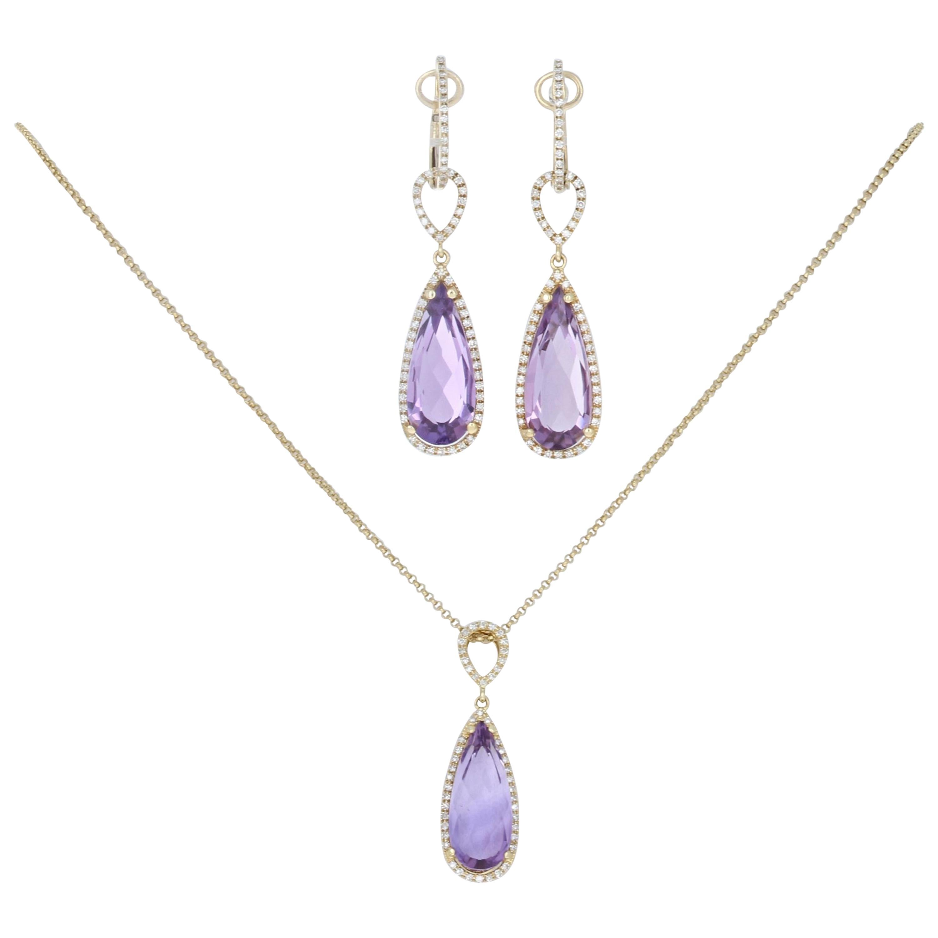 10.94ctw Pear Cut Amethyst & Diamond Earrings & Pendant Necklace 14k Gold Halo