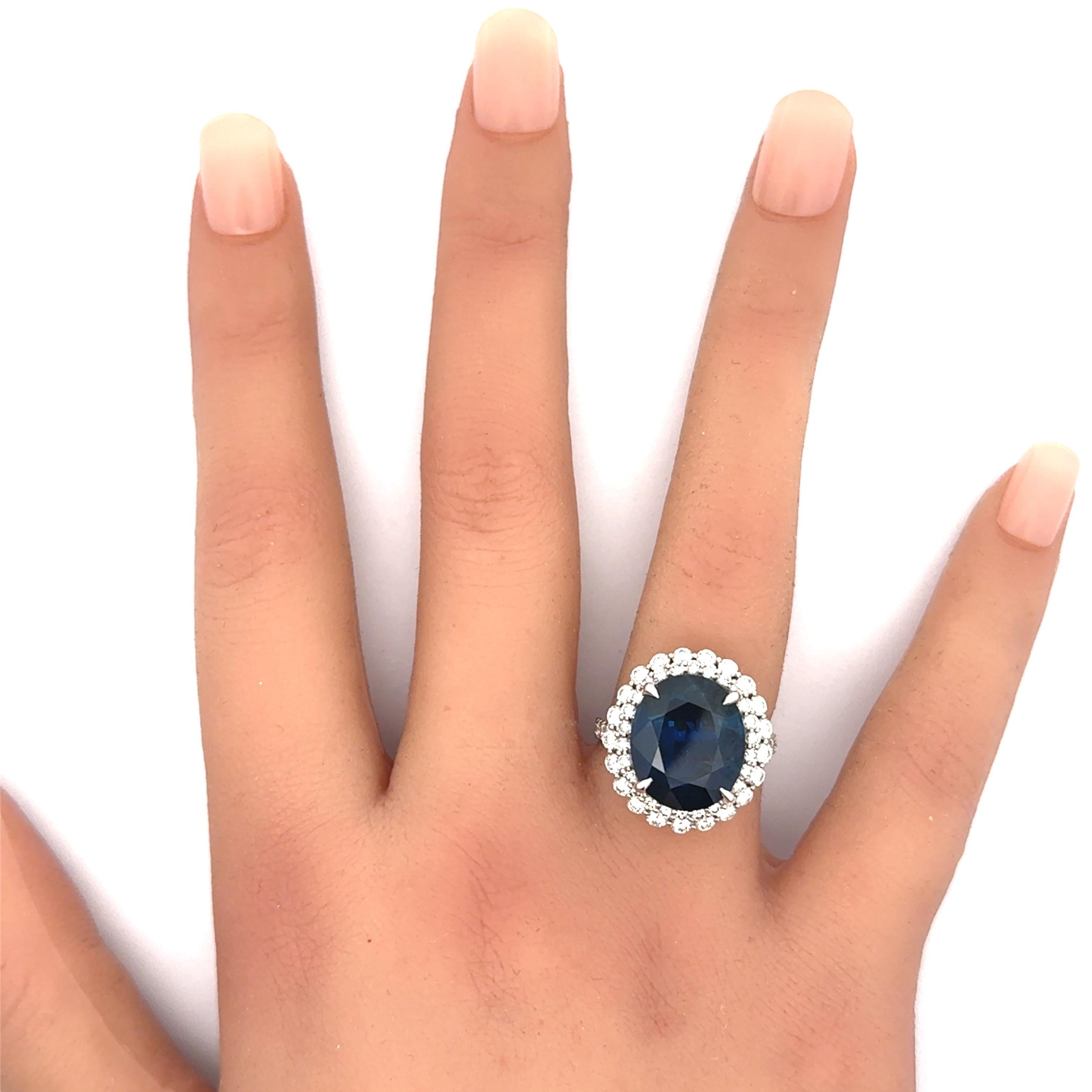 Women's 10.95 Carat Blue Sapphire Diamond 18K White Gold Ring, GIA Certified For Sale