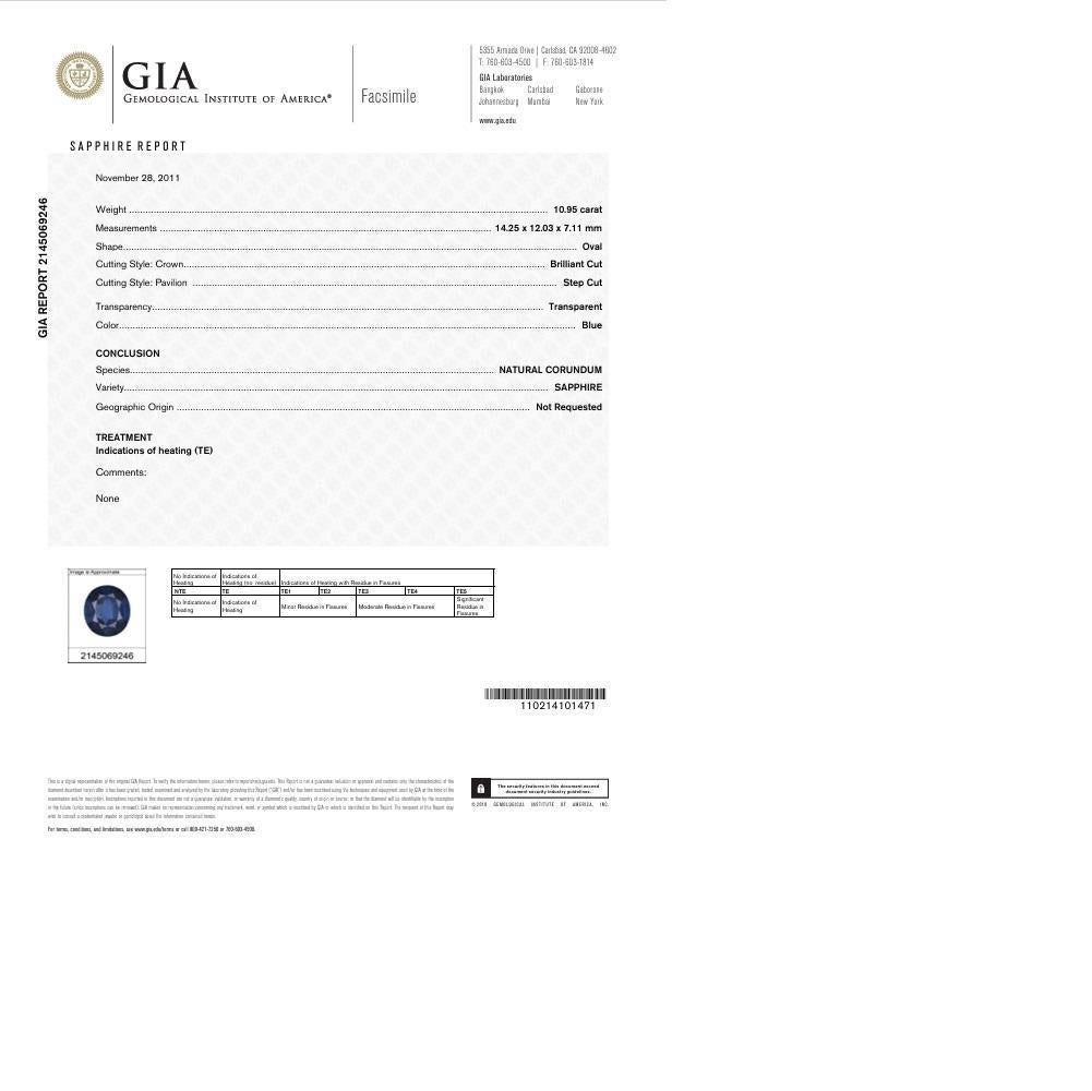 10.95 Carat Blue Sapphire Diamond 18K White Gold Ring, GIA Certified For Sale 1