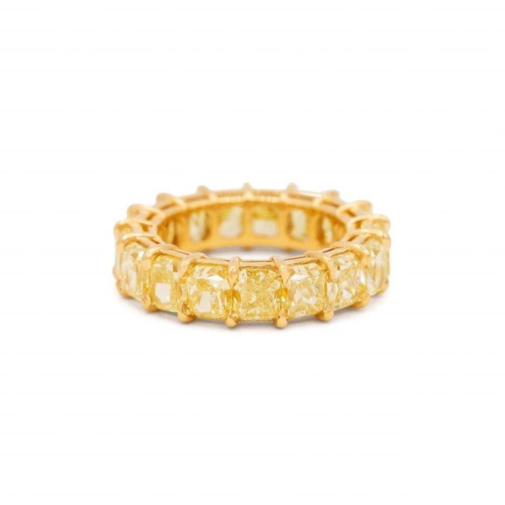 This Eternity Ring features 17 perfectly matched Radiant Cut Yellow Diamonds weighing 10.95 Carats. Average is 65 Points each.
Diamonds are of VS Clarity.
Set in 18 Karat Yellow Gold.
Size 6.25