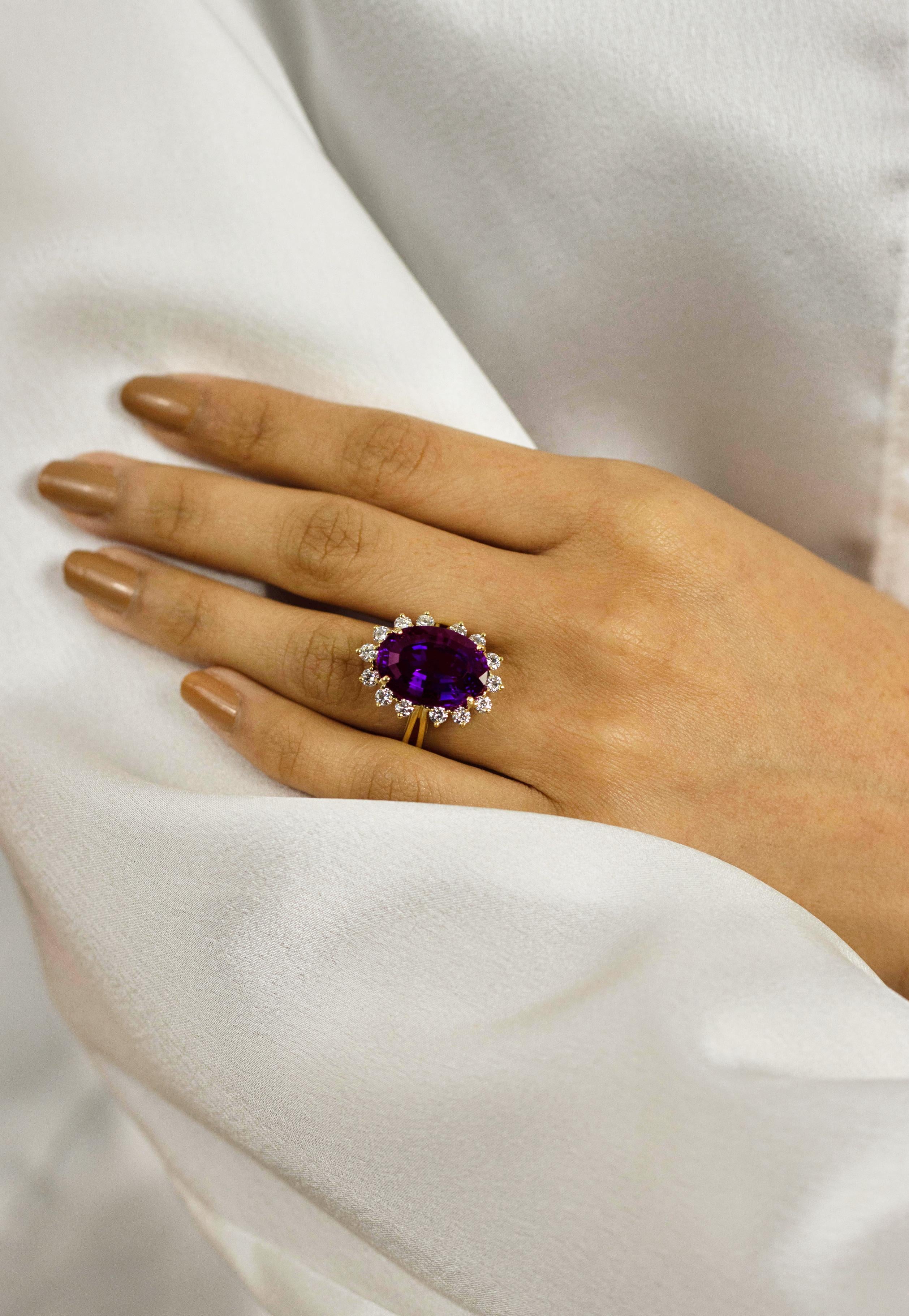 10.95 Carats Oval Cut Purple Amethyst and Round Diamond Cocktail Ring For Sale 1