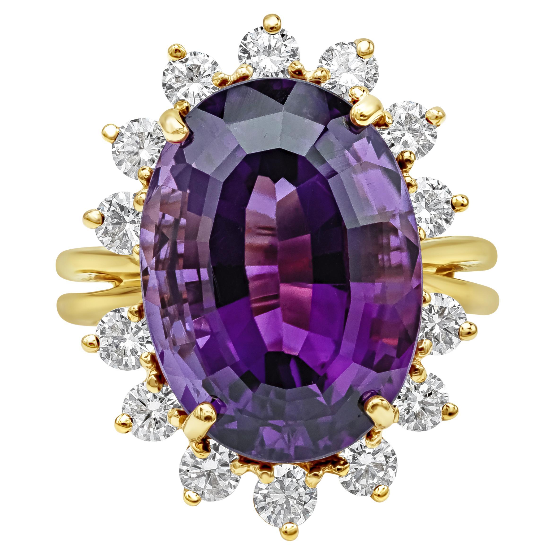 10.95 Carats Oval Cut Purple Amethyst and Round Diamond Cocktail Ring For Sale