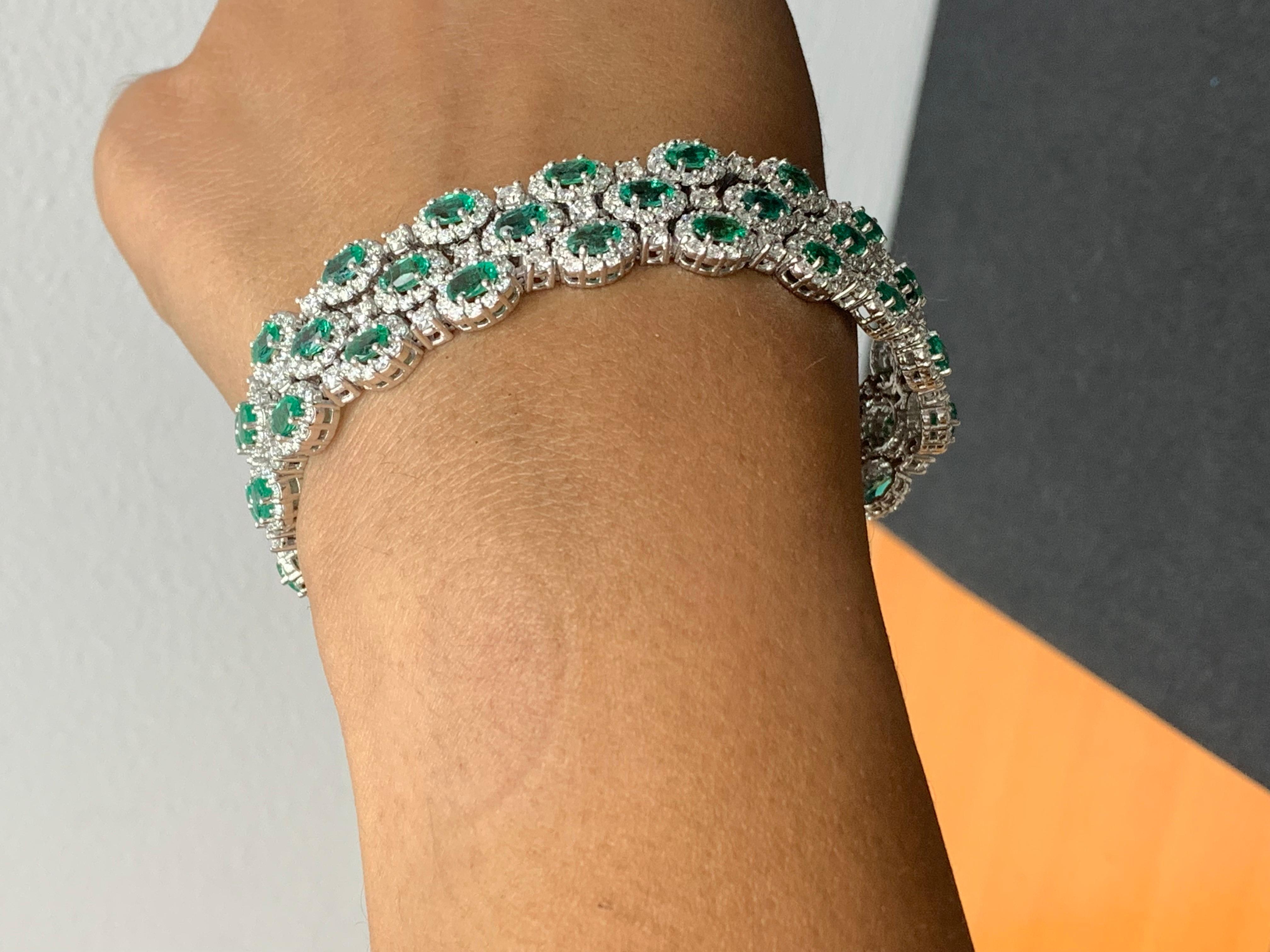 10.95 Carat Oval Cut Emerald and Diamond 3 Row Bracelet in 14K White Gold For Sale 6