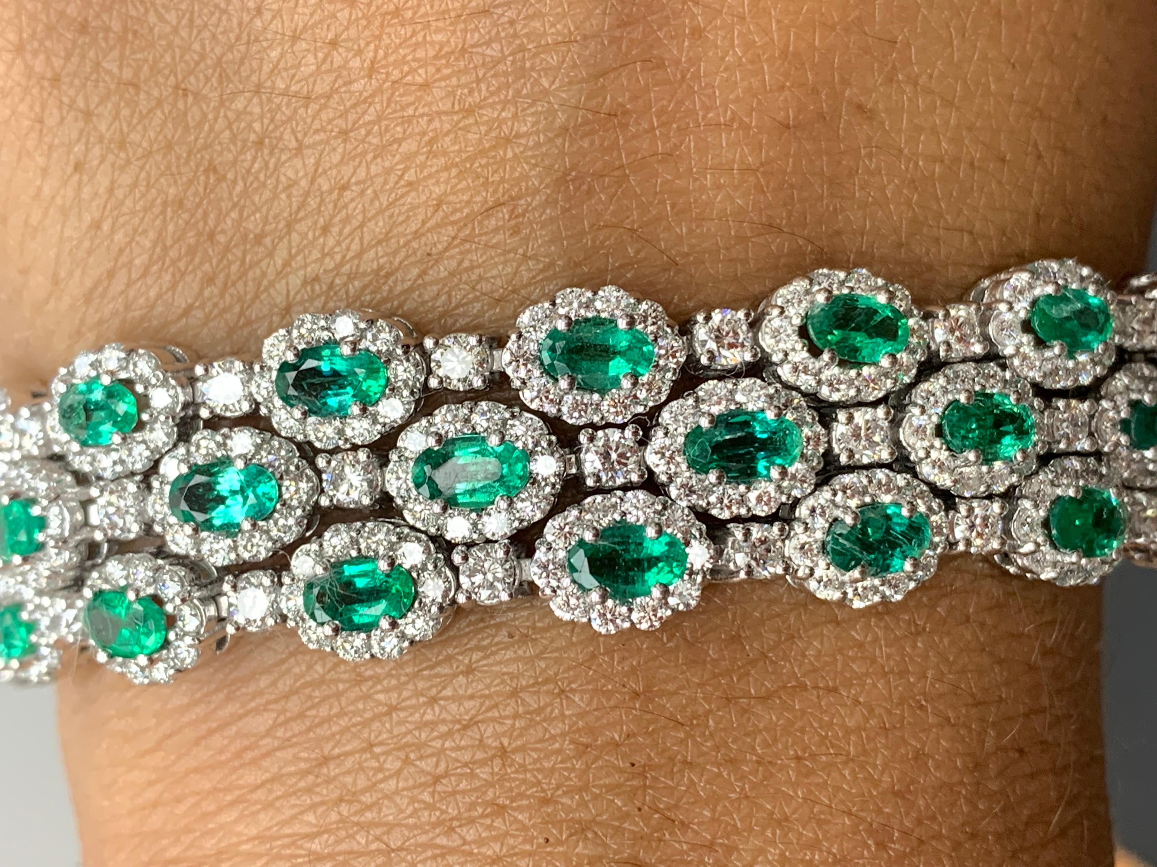 10.95 Carat Oval Cut Emerald and Diamond 3 Row Bracelet in 14K White Gold For Sale 7