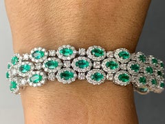 10.95 Carat Oval Cut Emerald and Diamond 3 Row Bracelet in 14K White Gold