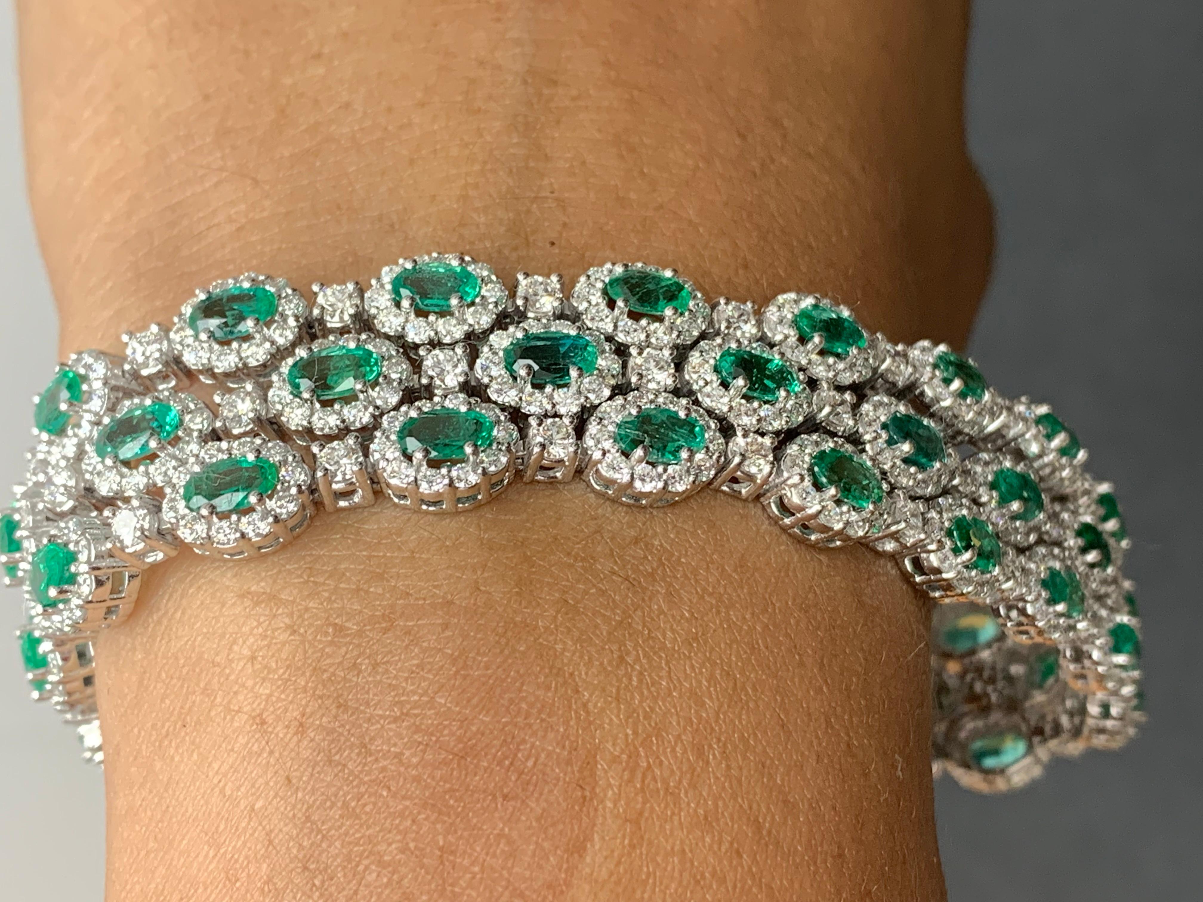 Modern 10.95 Carat Oval Cut Emerald and Diamond 3 Row Bracelet in 14K White Gold For Sale
