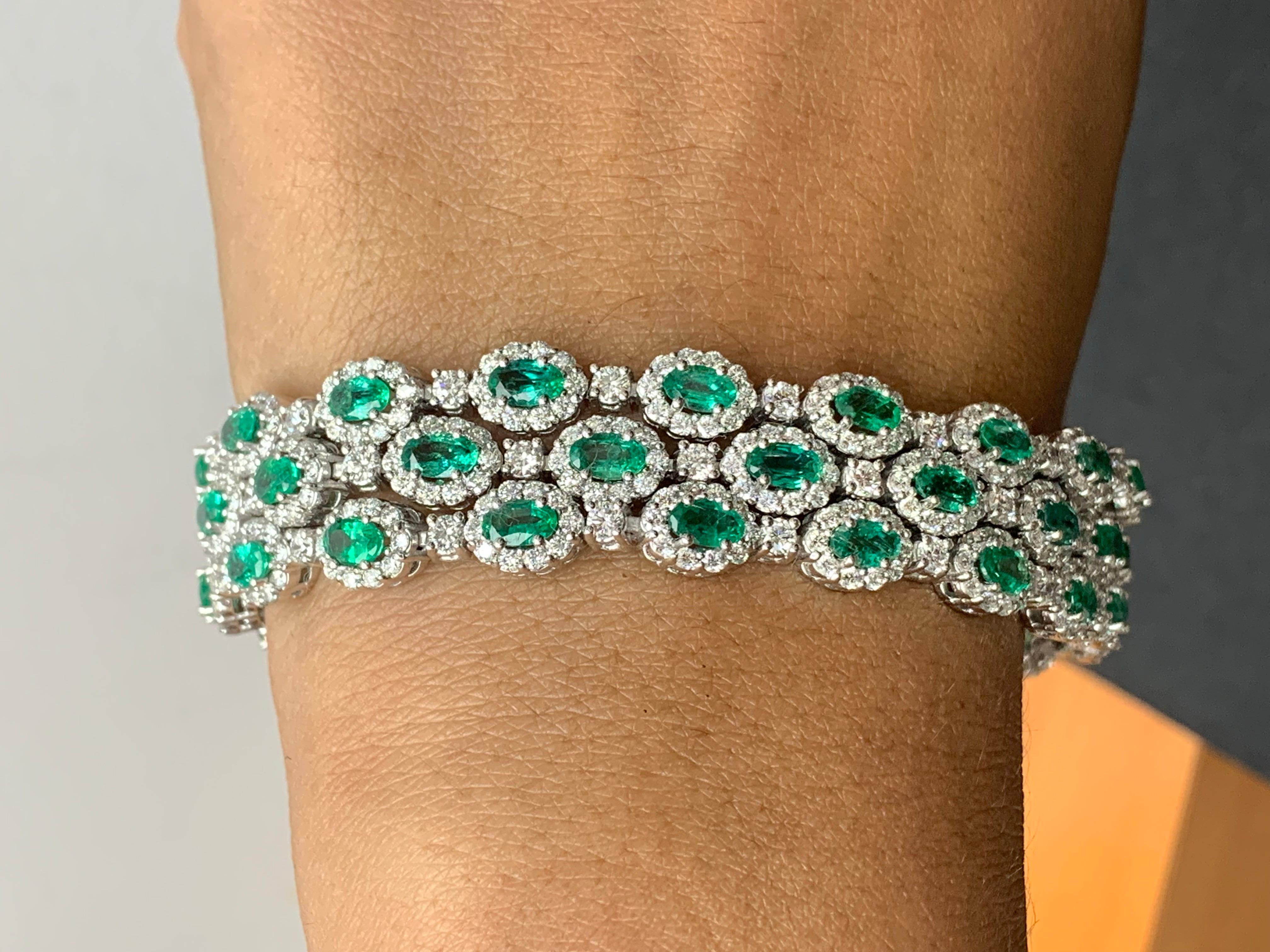 Women's 10.95 Carat Oval Cut Emerald and Diamond 3 Row Bracelet in 14K White Gold For Sale