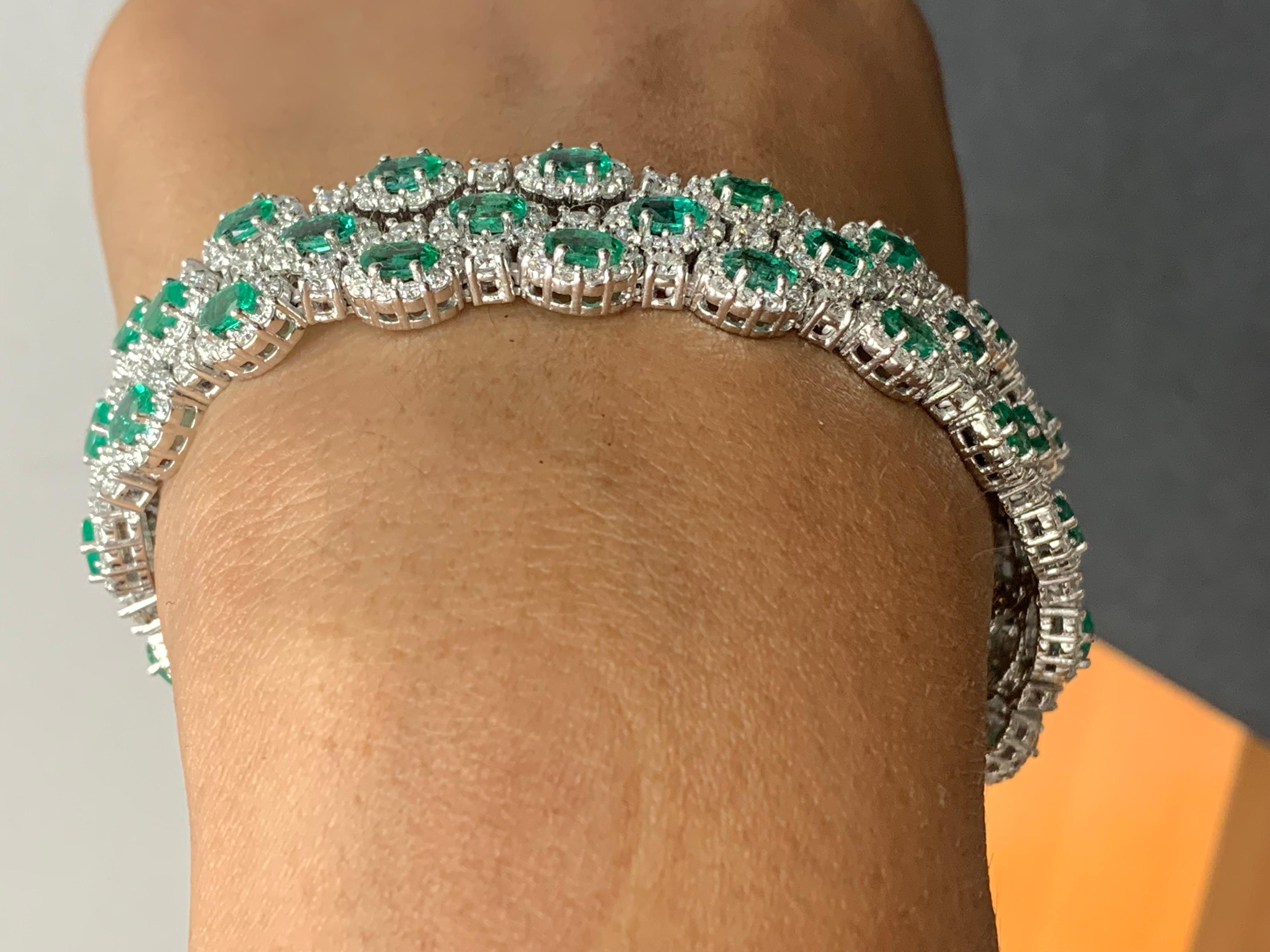 10.95 Carat Oval Cut Emerald and Diamond 3 Row Bracelet in 14K White Gold For Sale 1