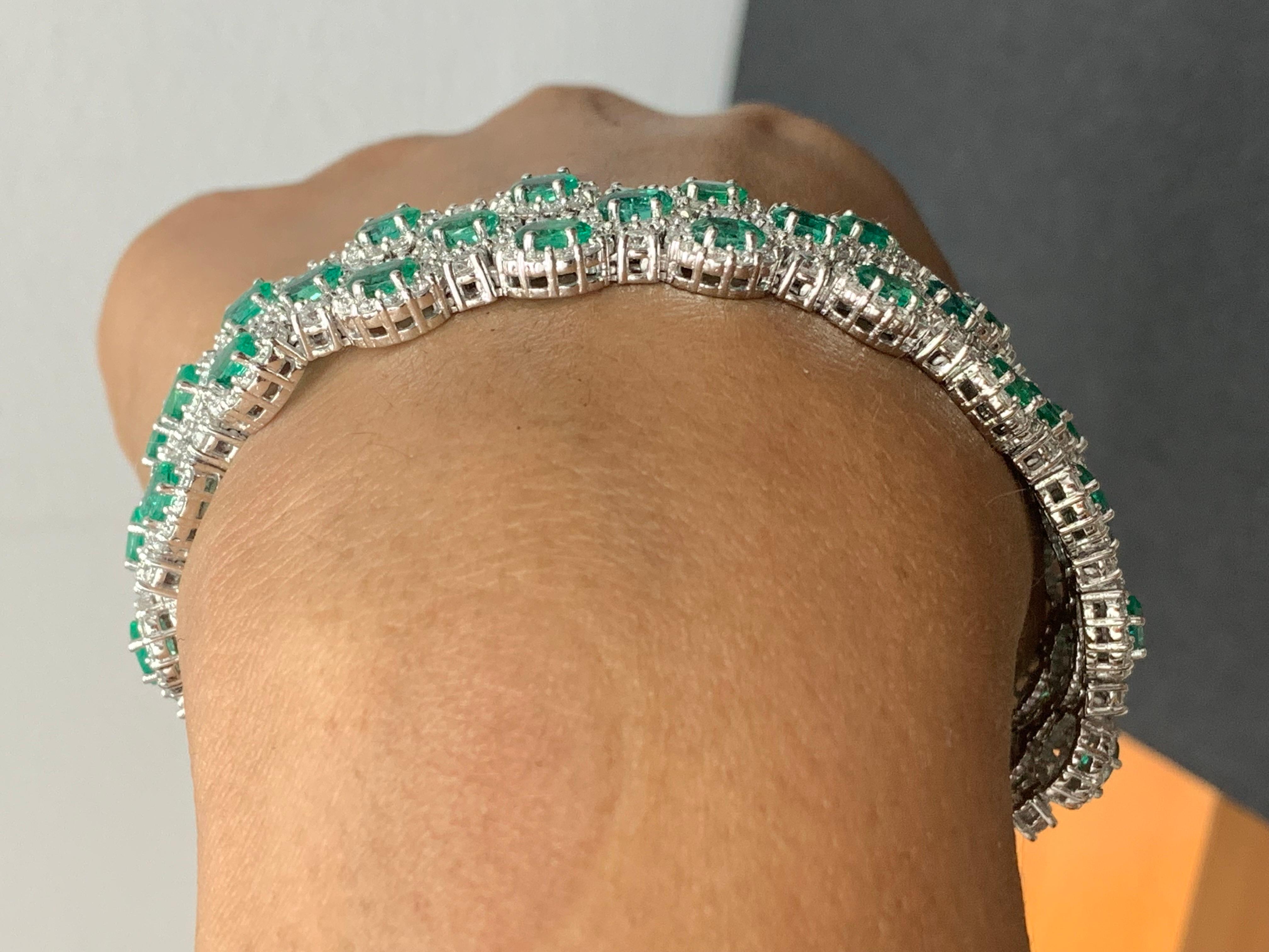 10.95 Carat Oval Cut Emerald and Diamond 3 Row Bracelet in 14K White Gold For Sale 2