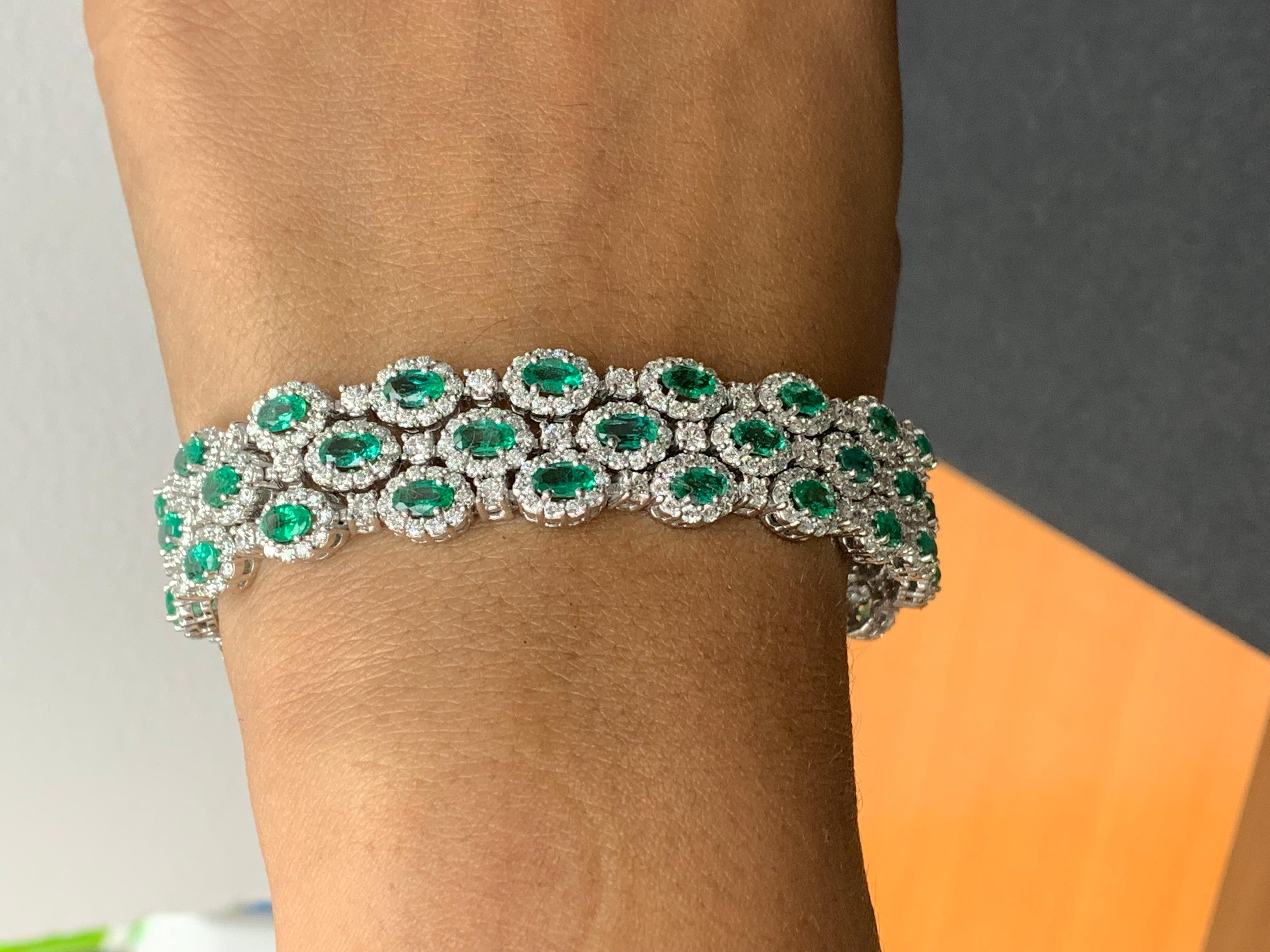 10.95 Carat Oval Cut Emerald and Diamond 3 Row Bracelet in 14K White Gold For Sale 3