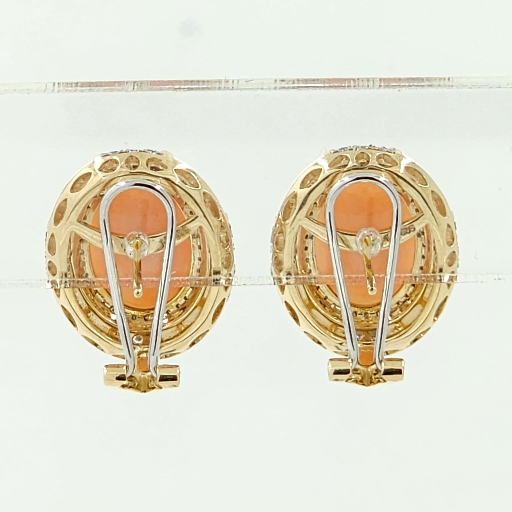 Cabochon 10.95Ct Angel Skin Coral Diamond Enamel Earring in 14 Karat Yellow Gold For Sale