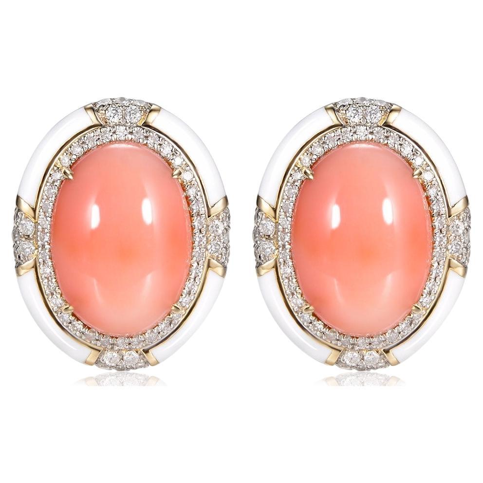 10.95Ct Angel Skin Coral Diamond Enamel Earring in 14 Karat Yellow Gold For Sale