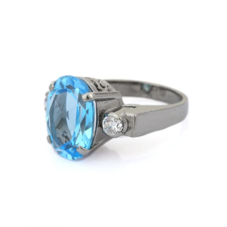 10.96 Carat Blue Topaz and Diamond Sterling Silver Ring for Women 6