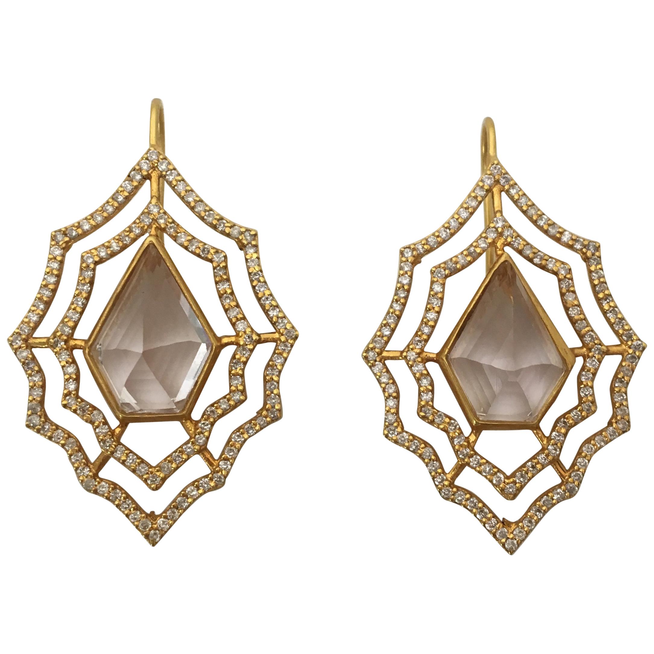 10.96 Carat Kunzite 1.26 Carat Diamond Gold Earrings