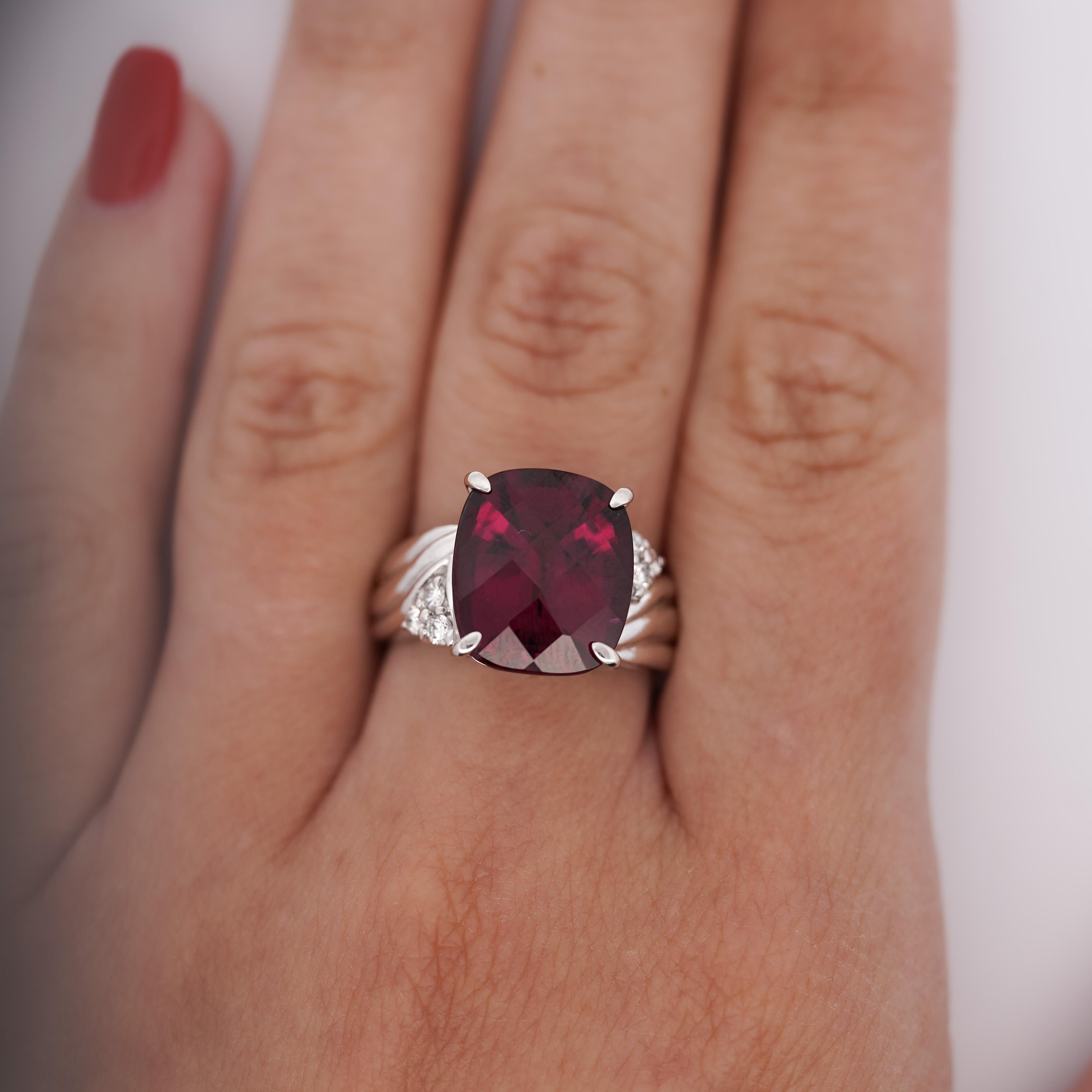 Cushion Cut 10.96 Carat Rubellite Tourmaline and Diamond Accent Platinum Ring For Sale