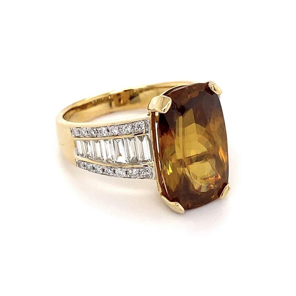 10.96 Carat Sphene and Diamond Gold Vintage Cocktail Ring Simply Beautiful! Elegant and finely detailed Sphene and Diamond Cocktail Ring. Centering a securely nestled Hand set Elongated Sphene, weighing approx. 10.96 Carat and Diamonds on either